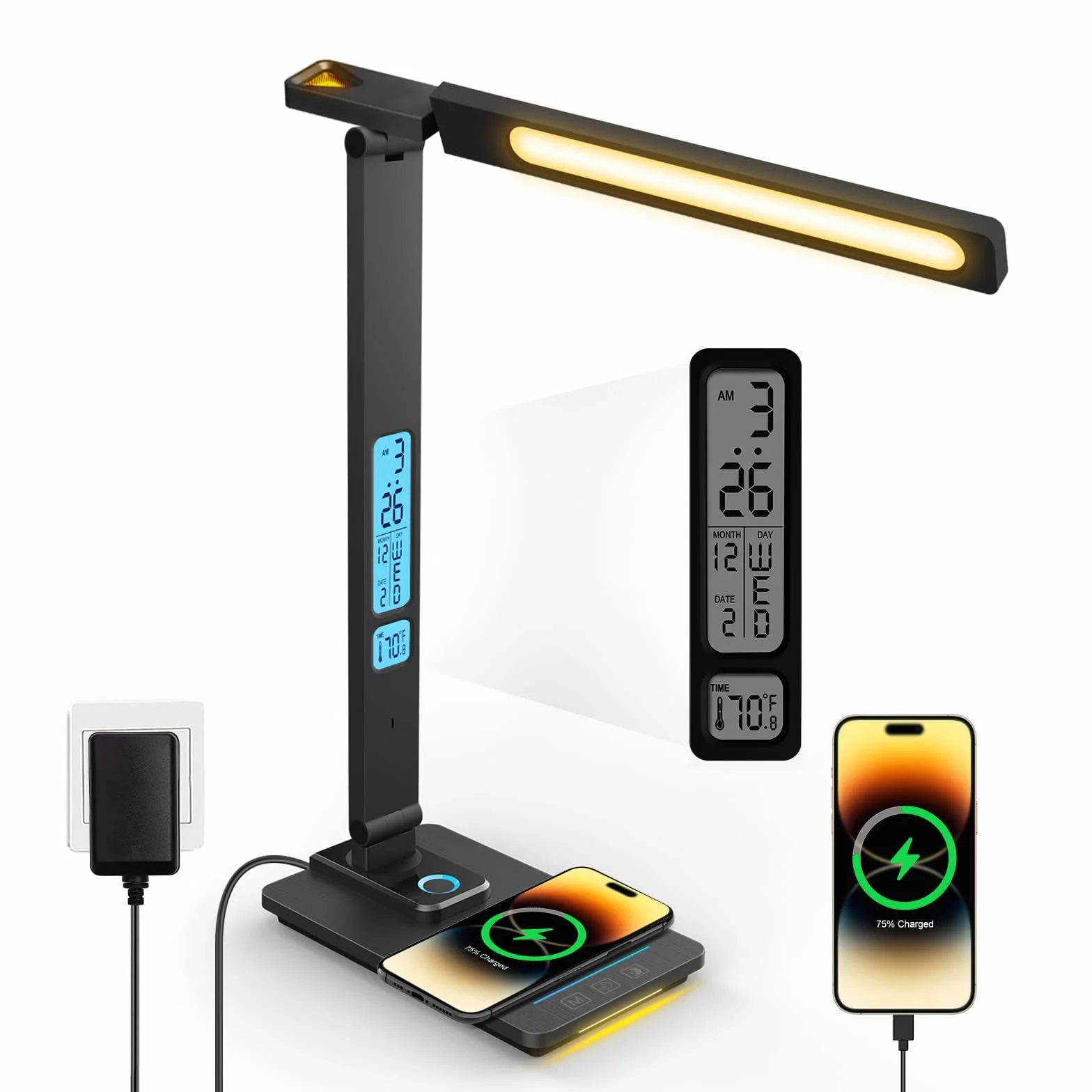 Lampe de Bureau LED Dimmable avec Chargeur Sans Fil 10W, Horloge, Veilleuse, Pliable