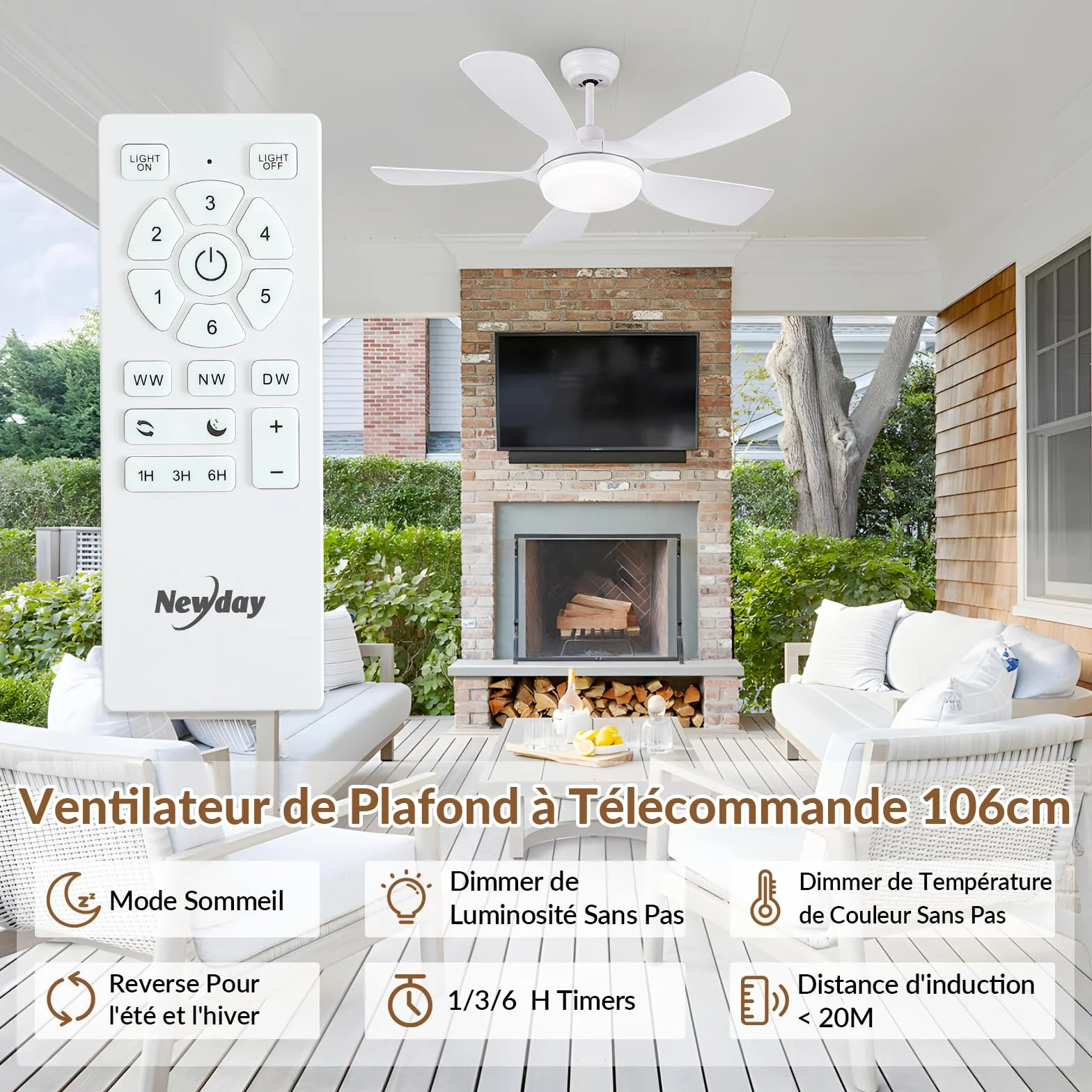 Ventilateur de Plafond Blanc 106CM Silencieux avec Lumiere et Télécommande DC Moteur Réversible