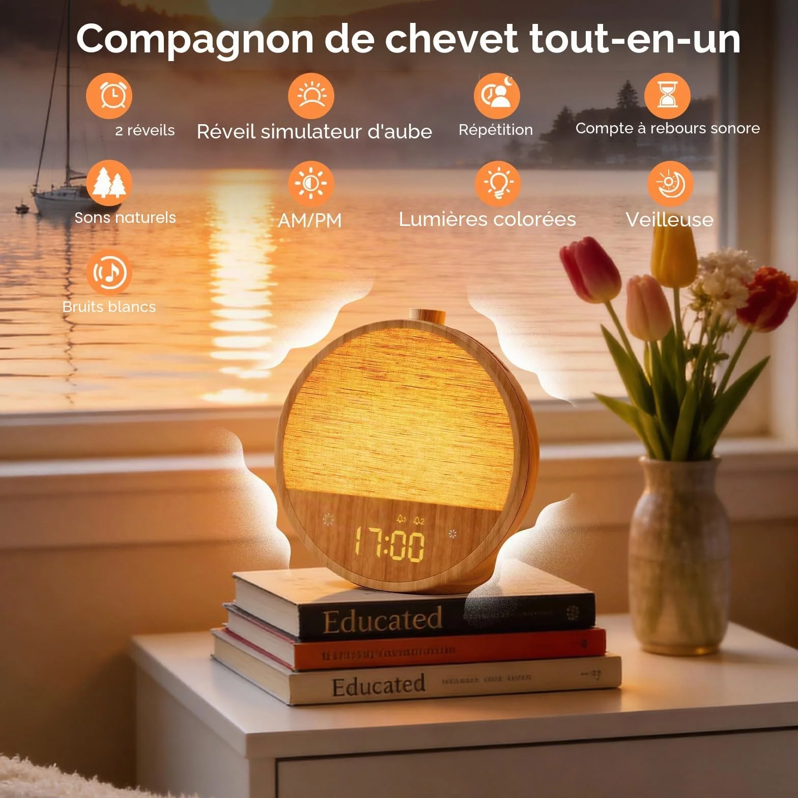 Réveil à lumière du jour blonbar, réveil avec lumière au lever du soleil, lampe de nuit 10 sons naturels et blancs, veilleuse RVB