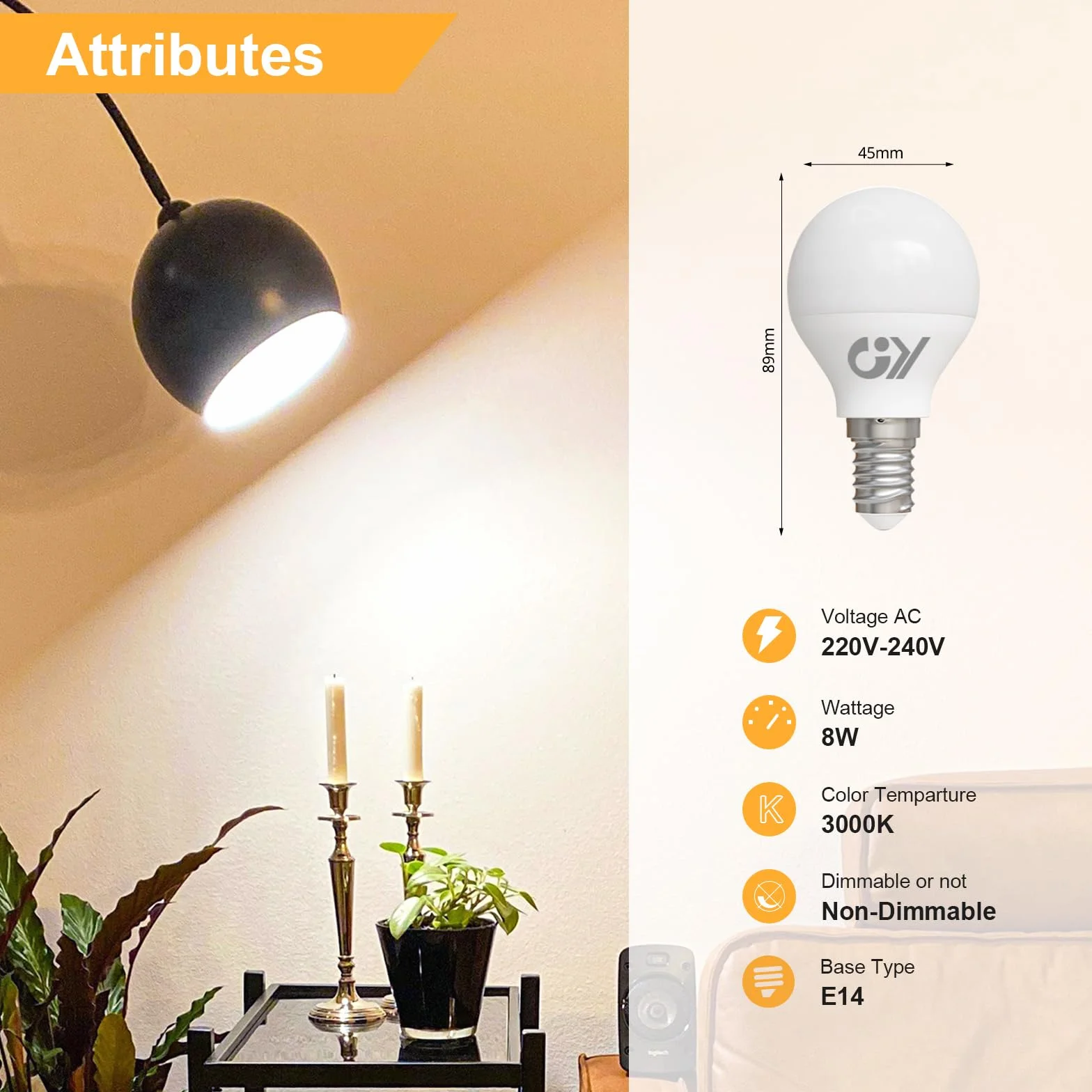 GY Ampoule LED E14 8W 880 lumens 3000K Blanc Chaud G45 Lot de 12