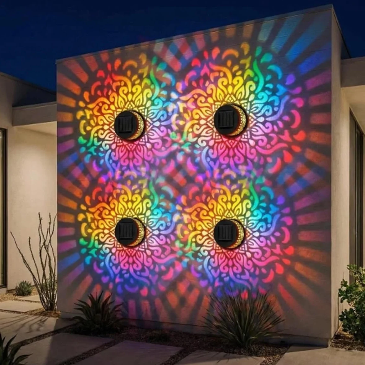 Lot de 2 appliques murales solaires mandala sept couleurs changeantes lampe de projection décorative d'extérieur en métal étanche