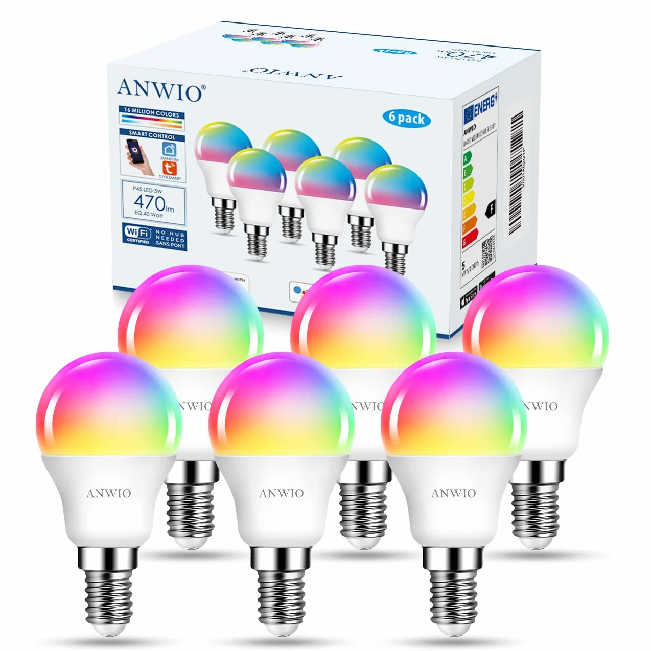 ANWIO Ampoule LED intelligente E14 G45 470 Lm 5W remplace 40W compatible Alexa TUYA Echo Google Assistant