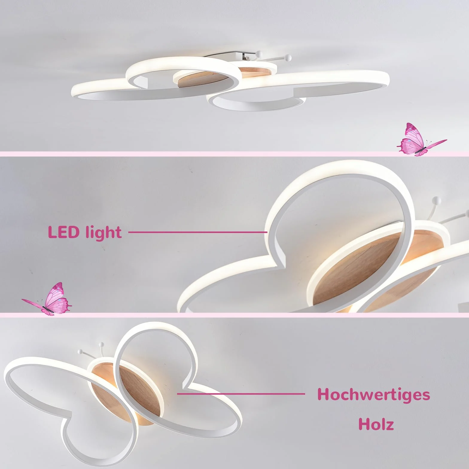 Lampe Plafond Chambre Enfant 58W LED Avec Télécommande Fonction Veilleuse Papillon Blanc