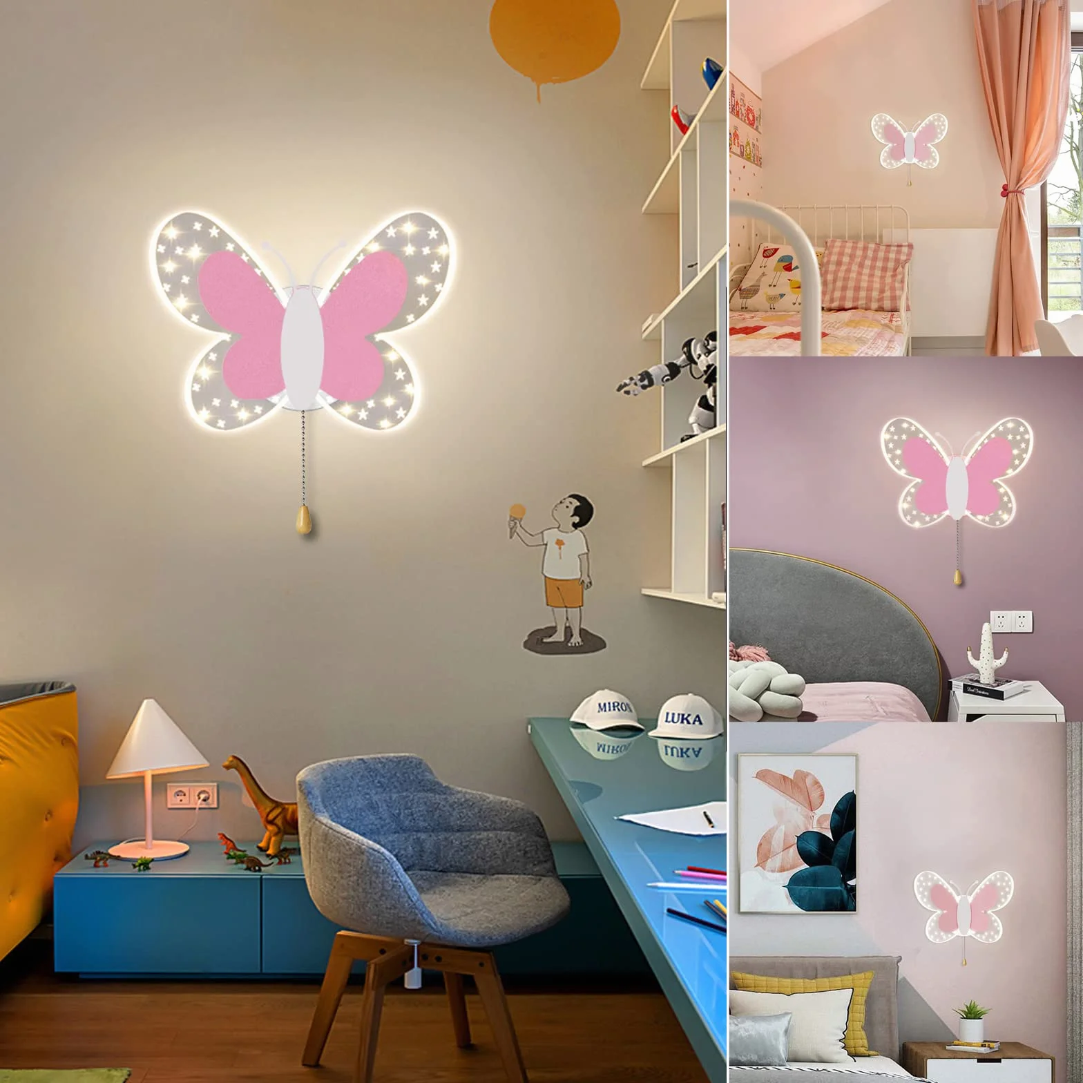 Applique Murale LED 16W avec Interrupteur, Lampe Murale Papillon Rose 3 Températures de Couleur