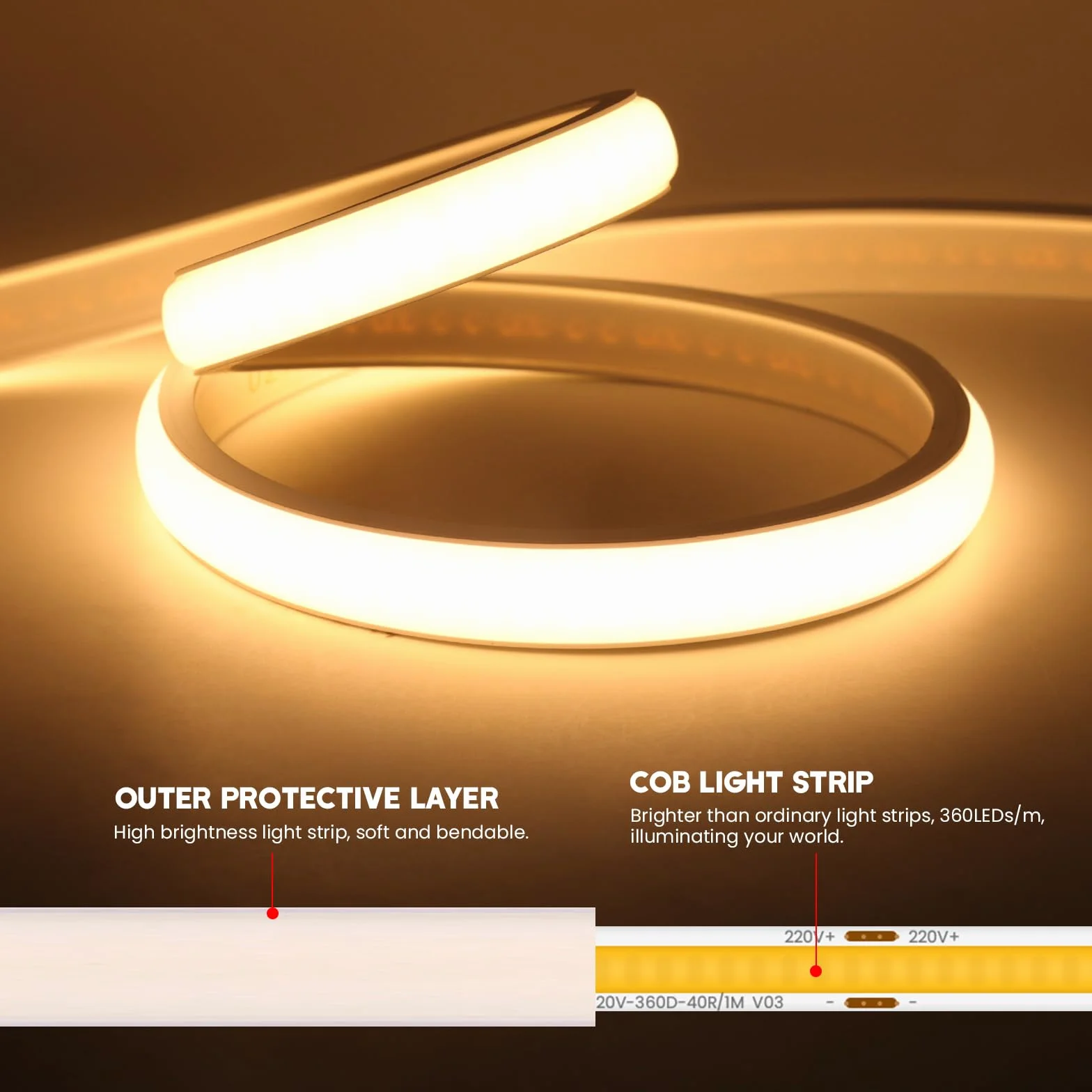 Bandeau LED COB 220V IP65 étanche Flexible néon LED Strip 288 Leds/m Blanc 4M
