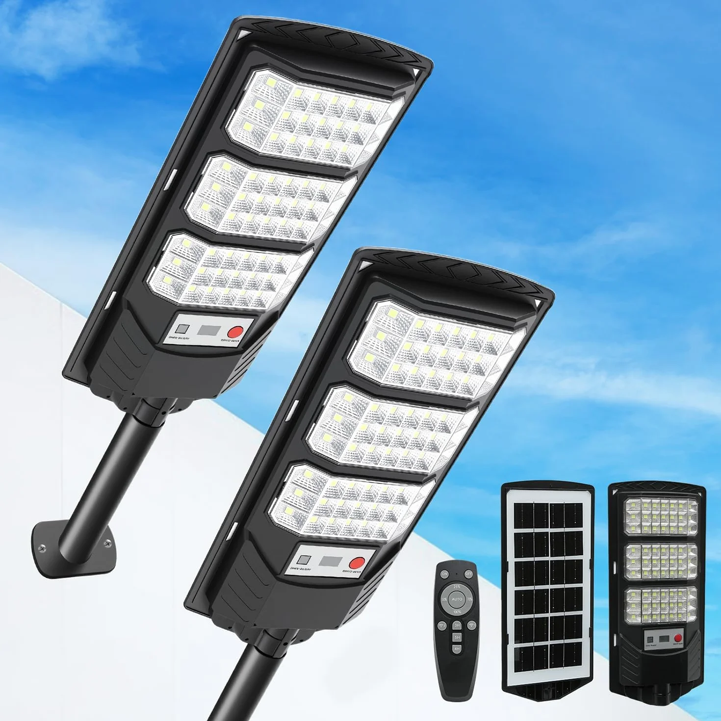 Lampadaire Solaire Extérieur 500W Projecteur LED avec Détecteur de Mouvement 6500K 2 Pièces