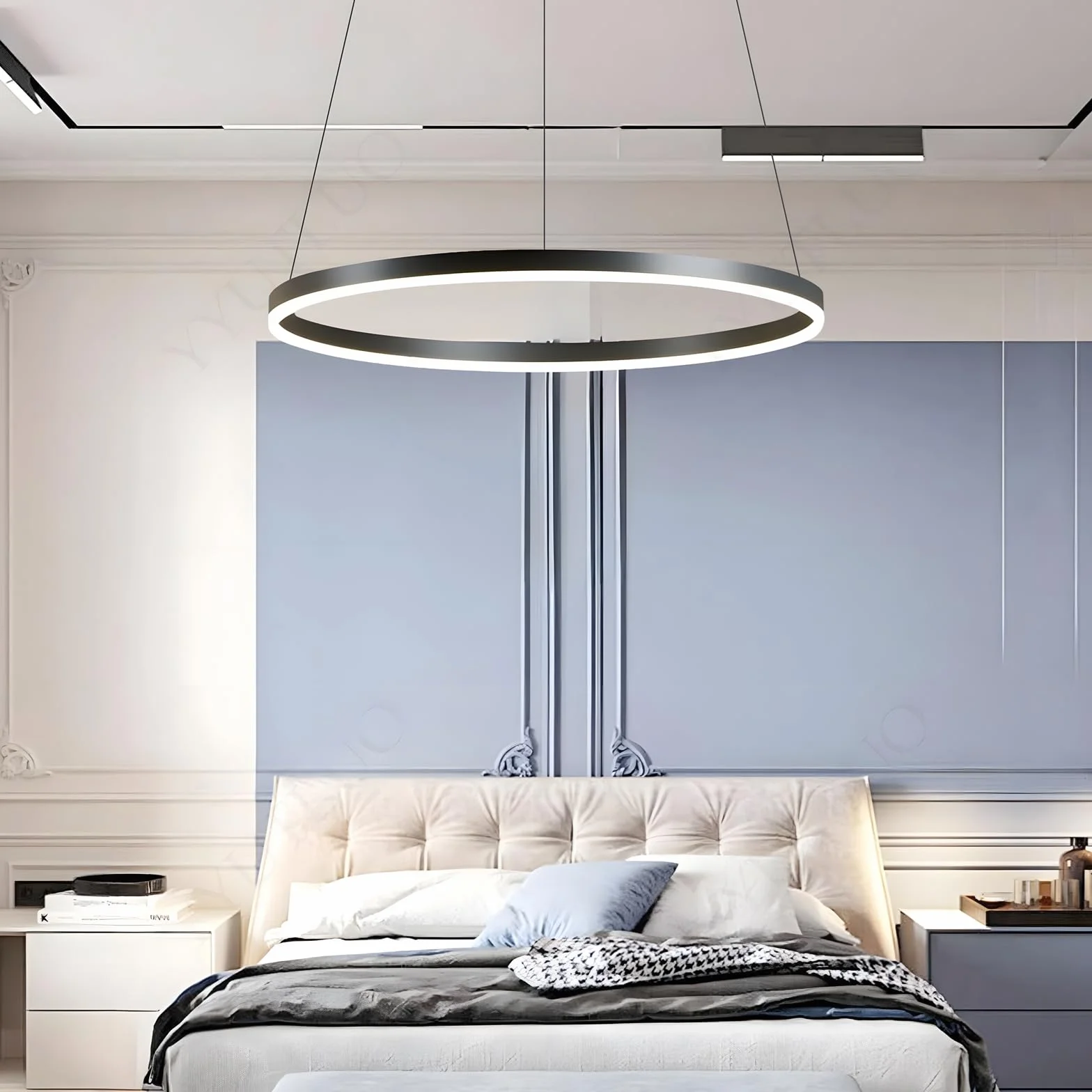 Lustre LED Moderne DIY Cercle | 1 Noire Anneaux :60cm=29W| Éclairage Suspendu LED Métal+Acrylique Télécommande Intensité Variable 2,13G Lampe Suspendue Plafond Ronde Salon Chambre Coucher
