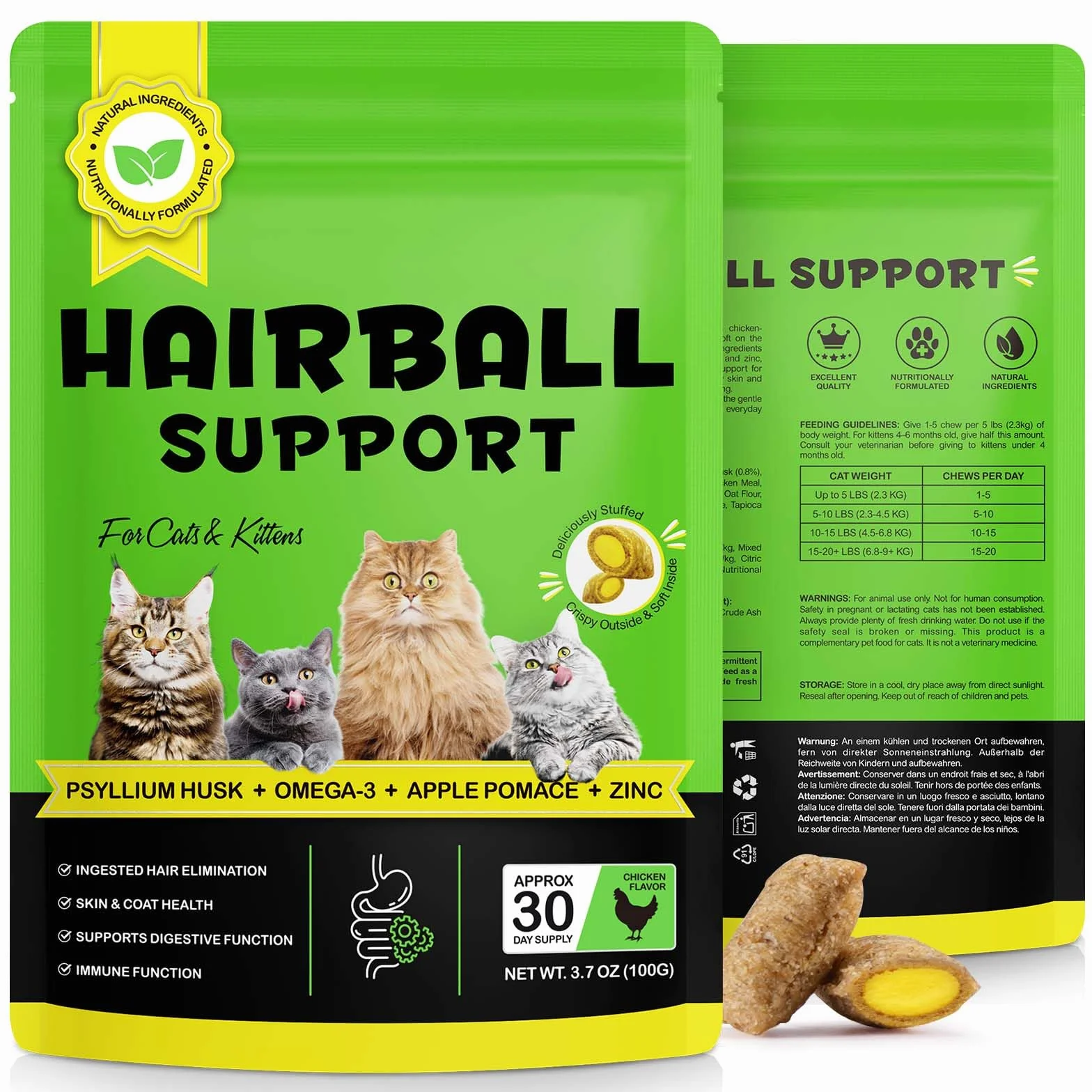 Traitement Boule de Cheveux pour Chats et Chatons, Support Peau et Manteau, Élimine et Prévient les Boules de Cheveux - 100G