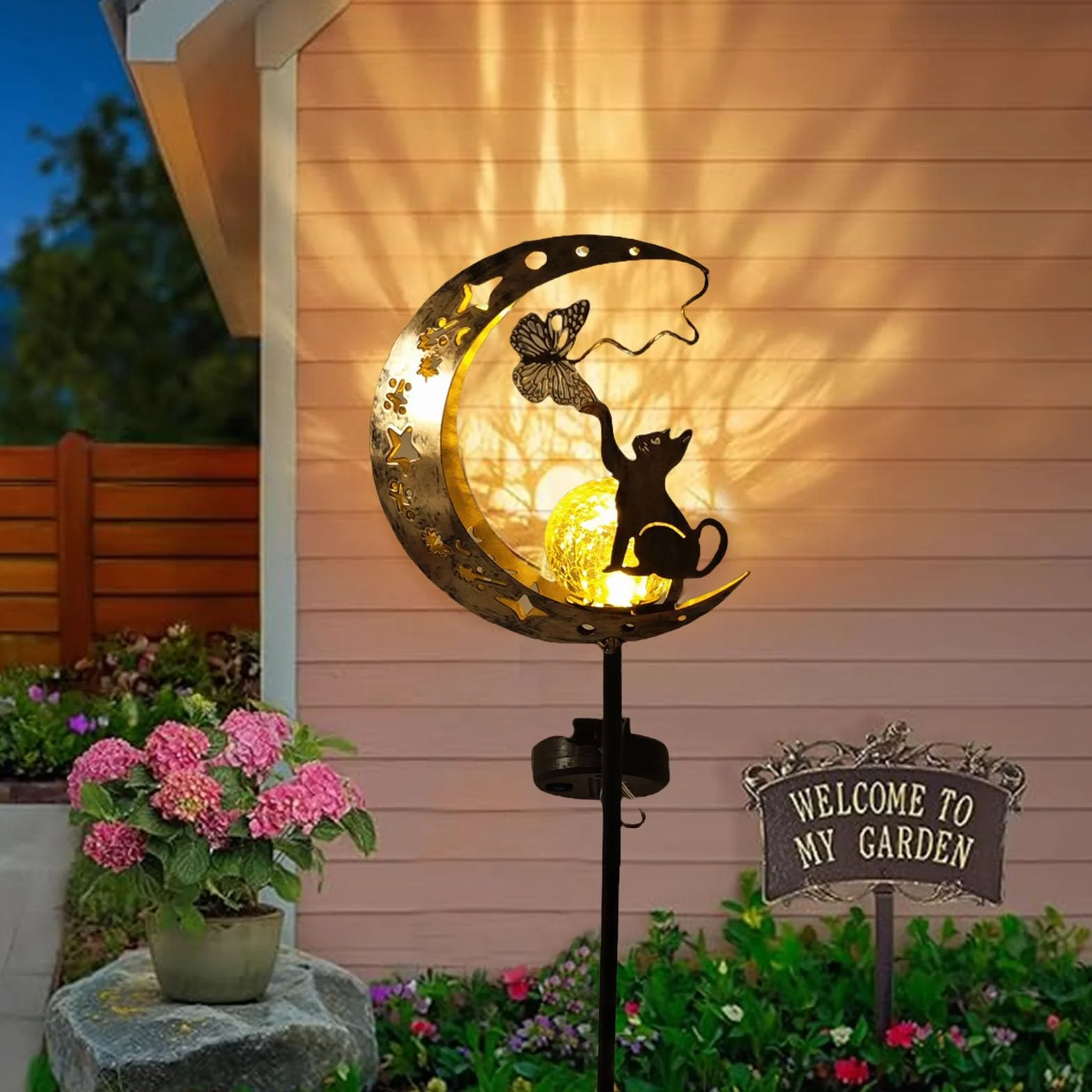 YeahBoom Lampes solaires de jardin décoratives avec motif lune et chat, étanche pour extérieur