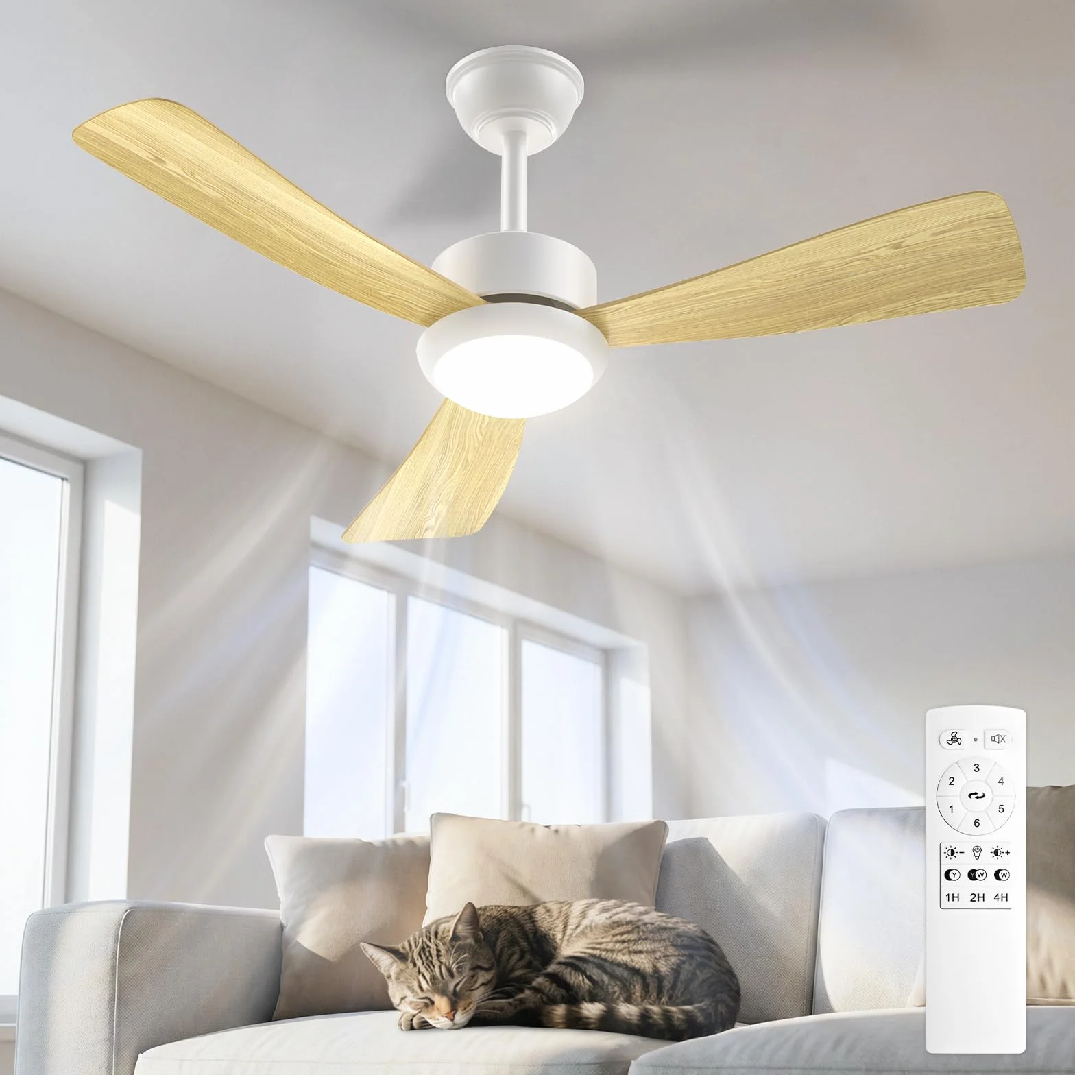 Airwit Ventilateur Plafond avec Lumière 106cm, Pales Bois, Silencieux, Télécommande, LED Dimmable, Moteur DC Réversible, 6 Vitesses