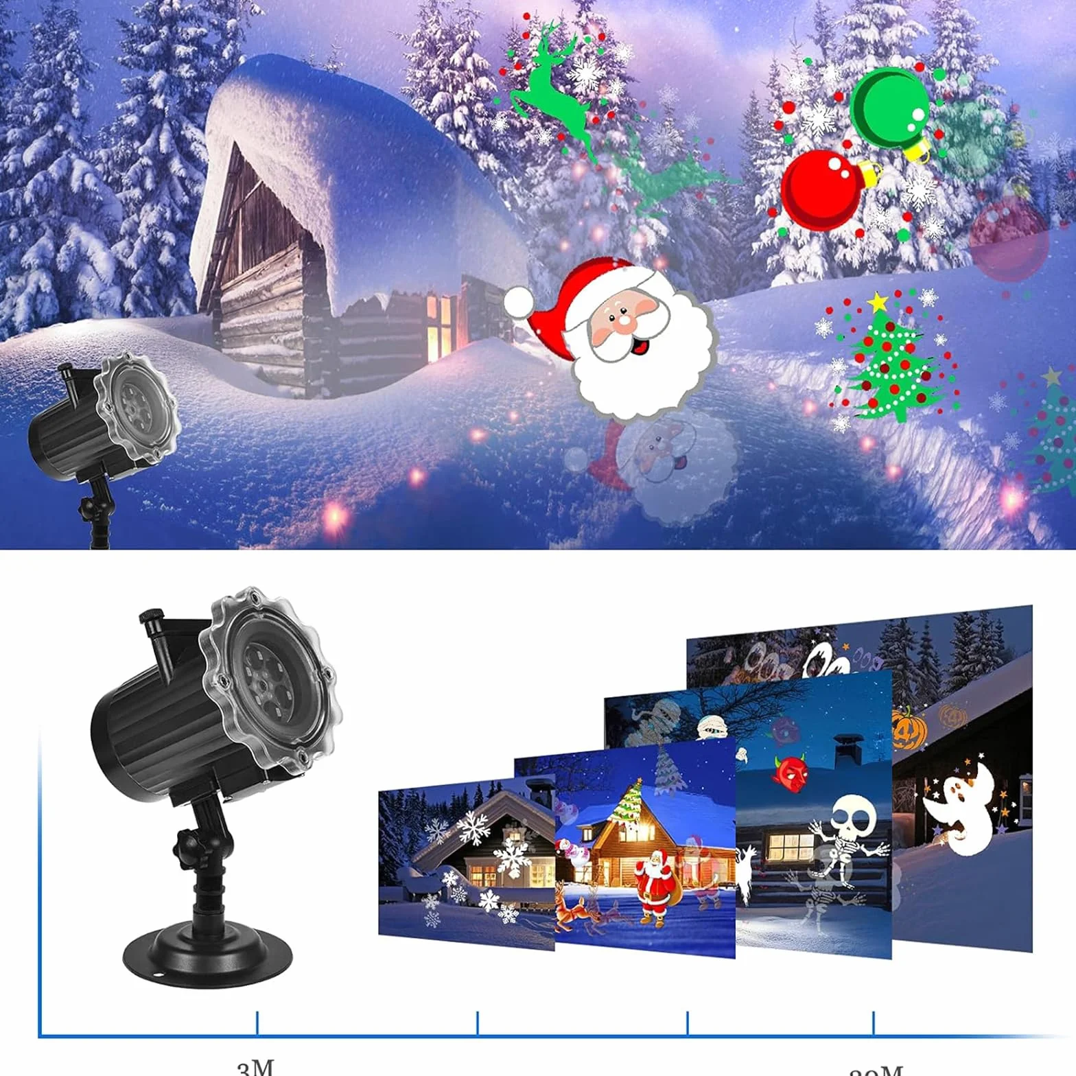 Projecteur Halloween Noël 16 Diapositives 64 Motifs Extérieur Intérieur avec Télécommande Étanche