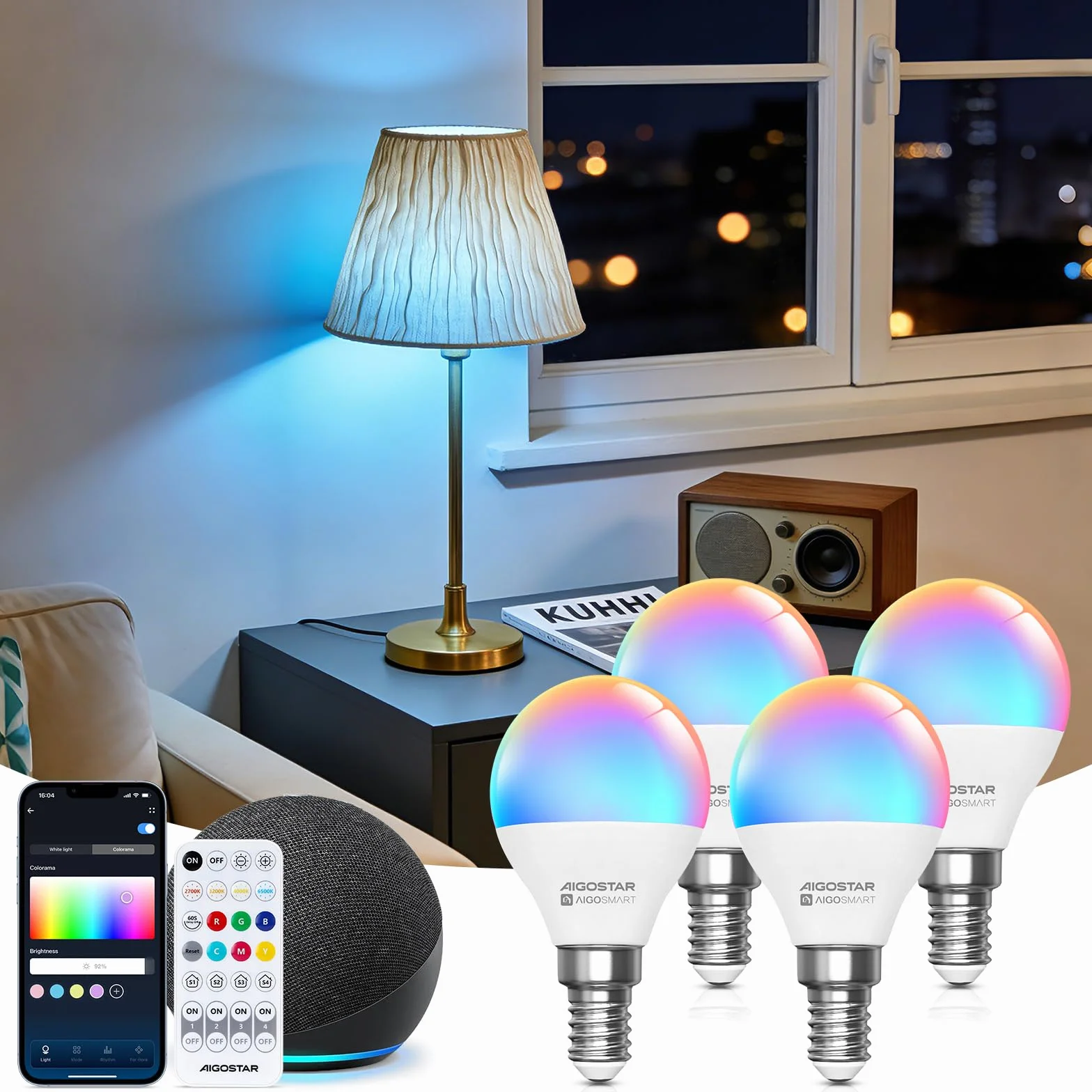 Aigostar Ampoule Connectée Bluetooth Mesh G45 6.5W E14 LED 555LM RVB 2700K-6500K 16 Millions de Couleurs 4 Unités