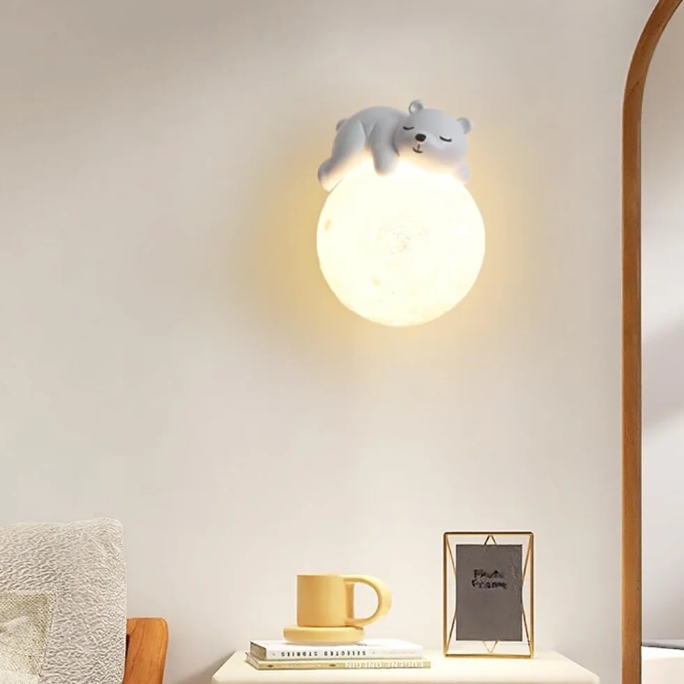 Applique Murale Chambre d'Enfants Lune Moderne Bois Résine Ours Abat-Jour PLA G9 Créatif Chevet Décor Luminaire