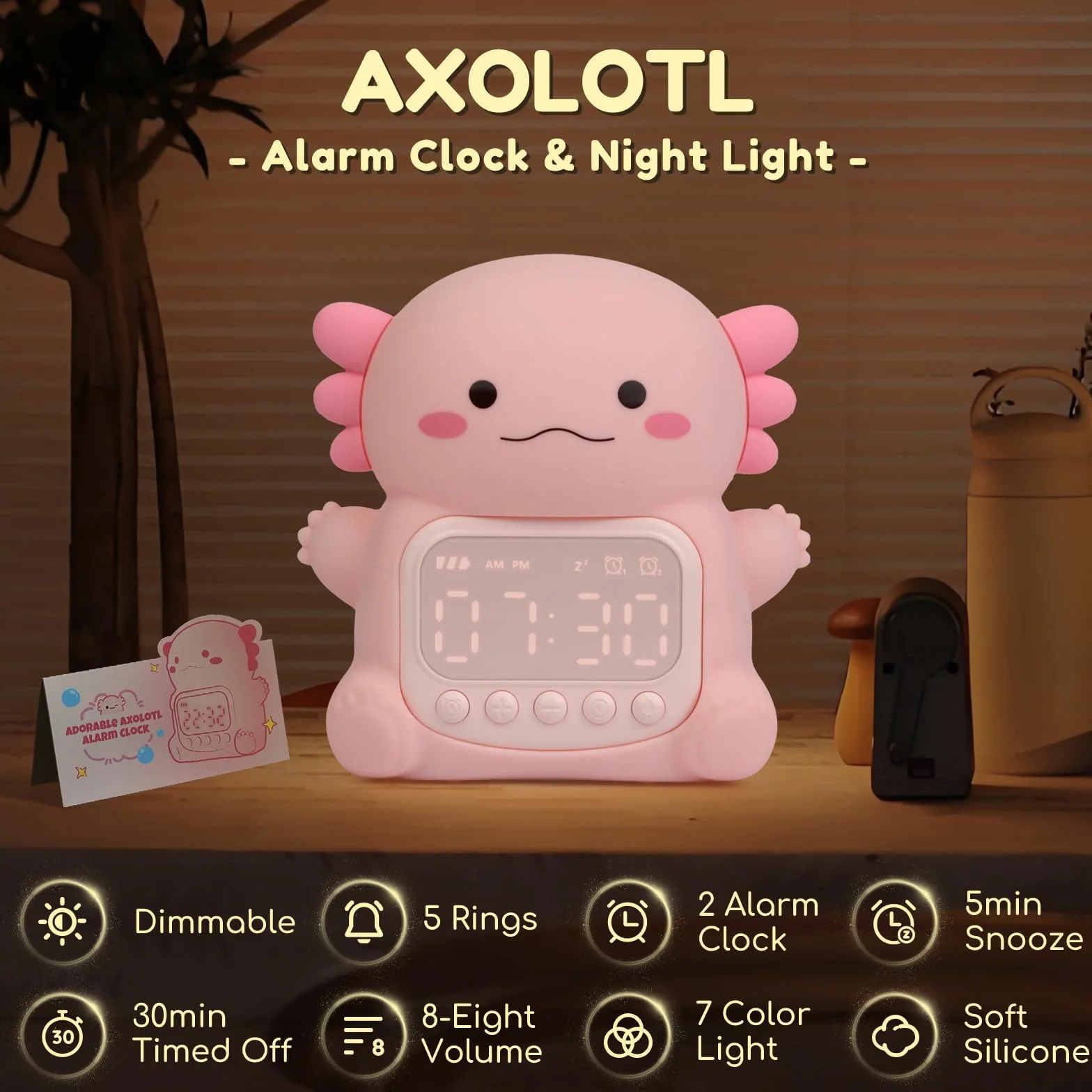 Réveil Axolotl avec veilleuse 7 couleurs RVB lampe de table en silicone pour enfants