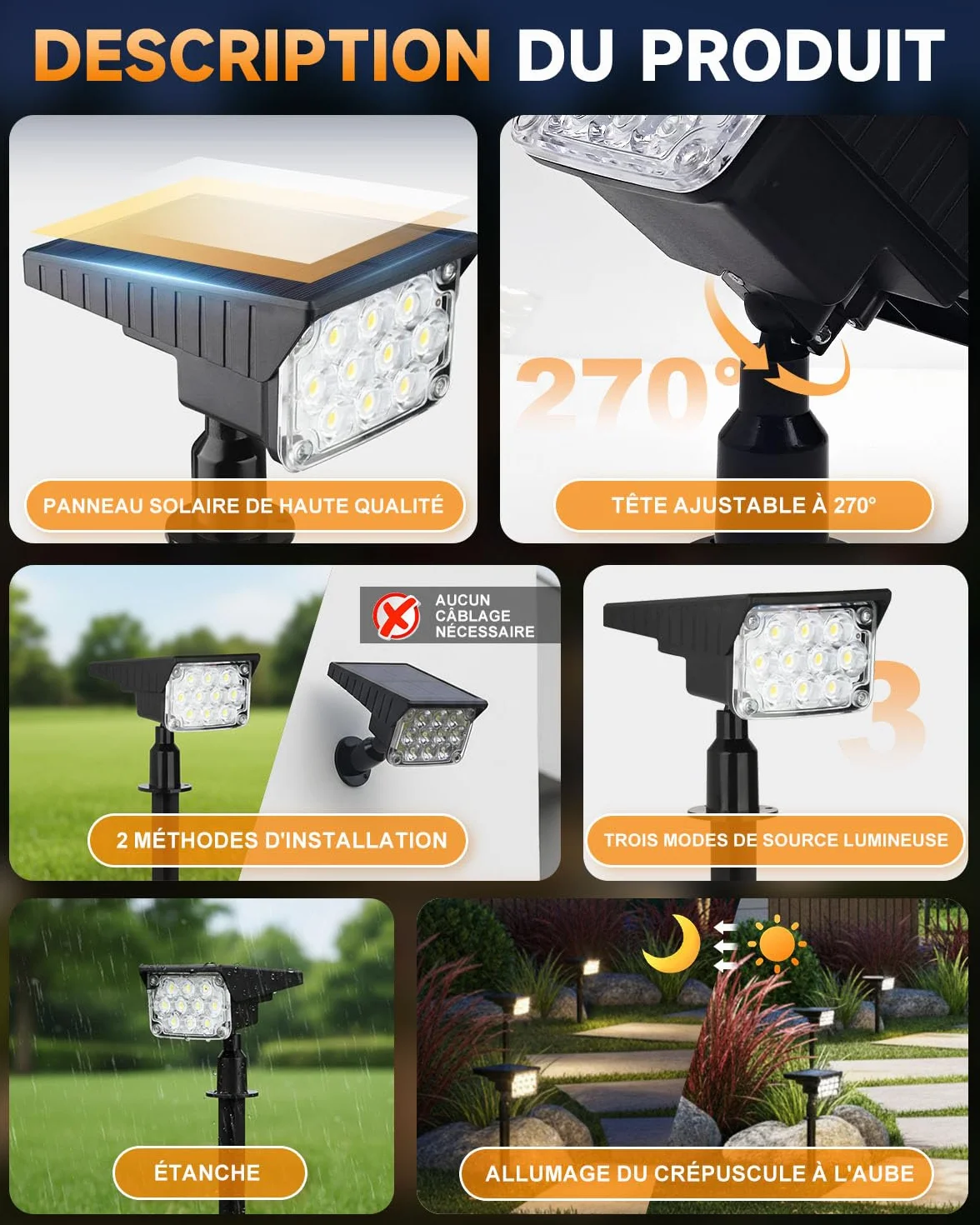 Lampe Solaire Extérieur 40LED 6000K Détecteur de Mouvement IP44 3 Modes