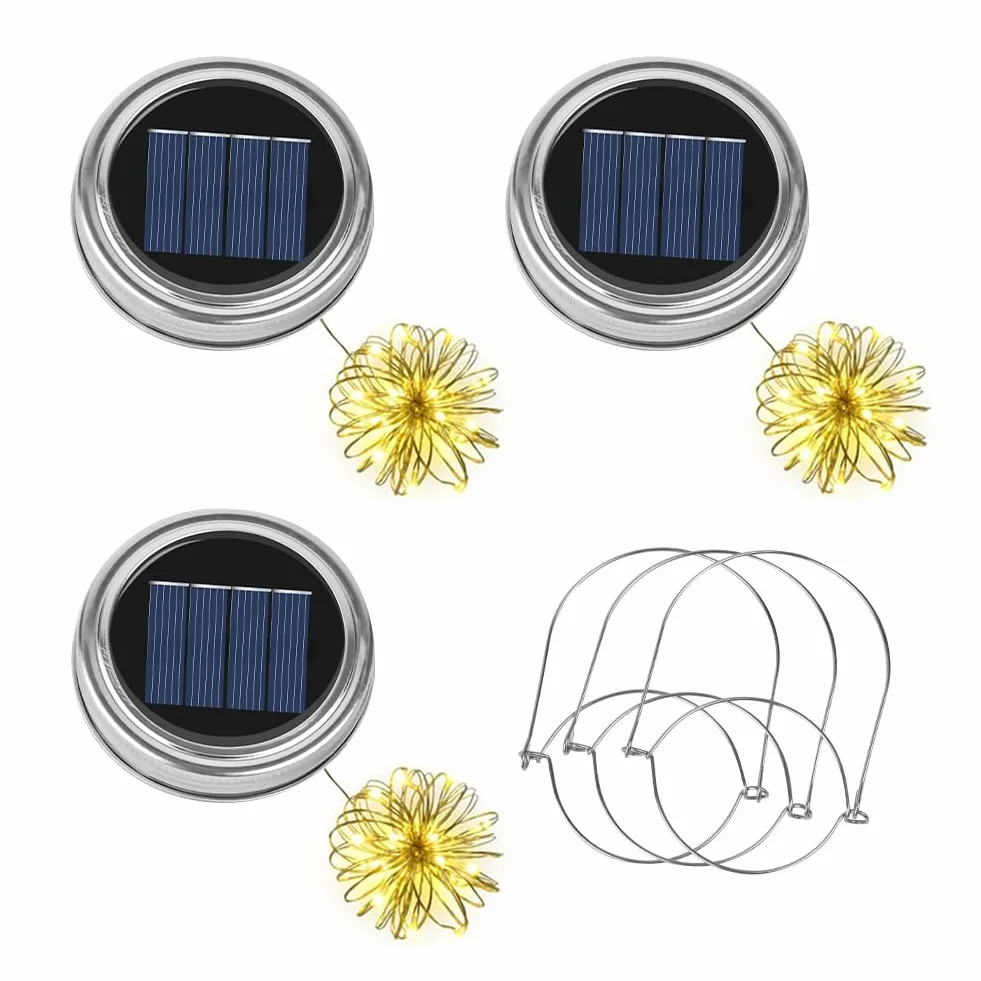 Lampe Solaire pour Couvercle de Bocal Mason Lot de 3, Guirlande Lumineuse 20 LED, Décoration Jardin