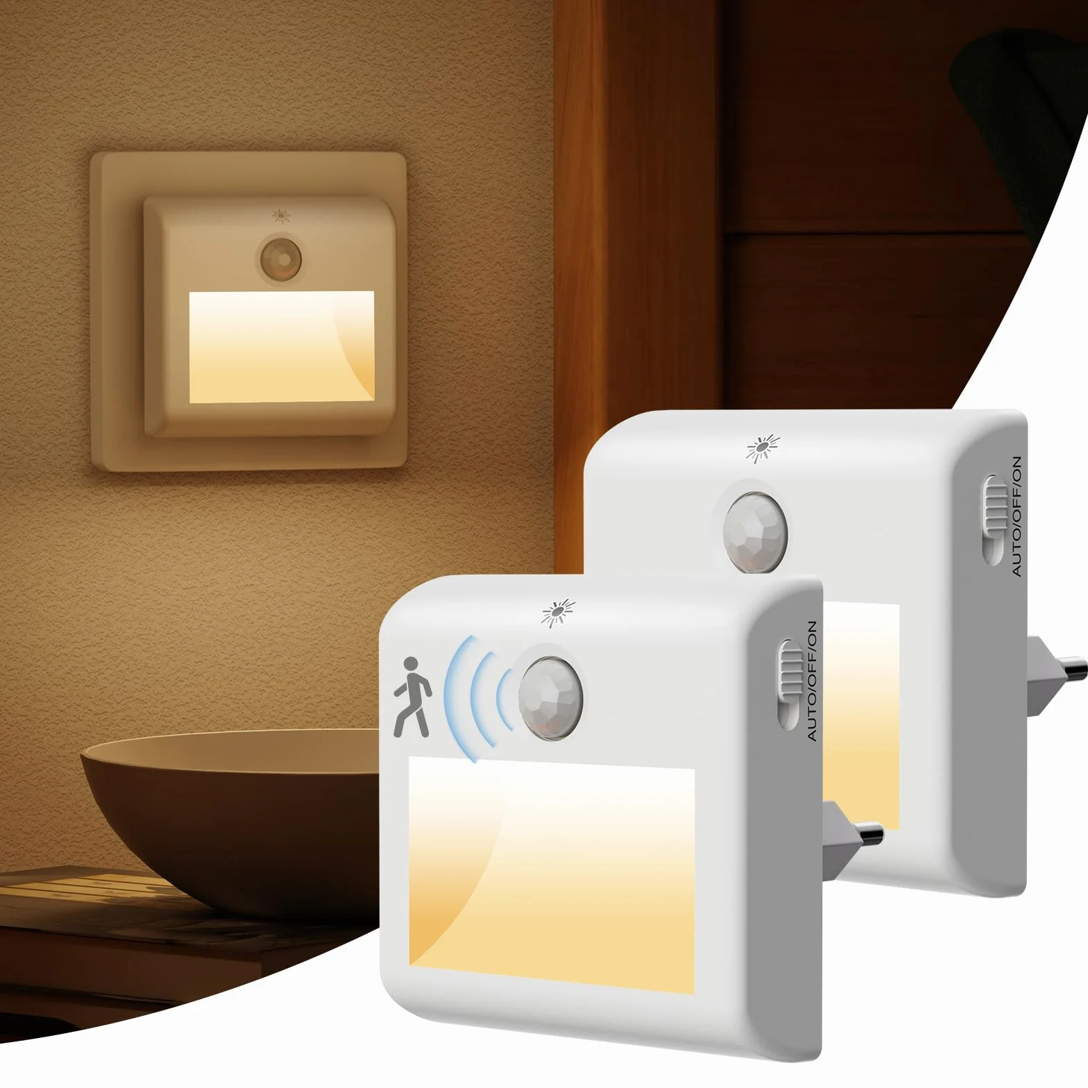 Suright Lot de 2 Veilleuses de Prise avec Détecteur de Mouvement, Lumière Blanc Chaud, 3 Modes Gradation pour Enfants