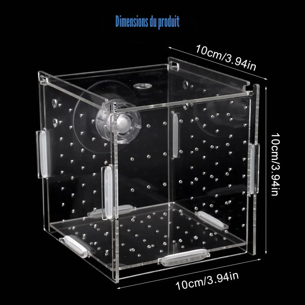 Boîte d'isolation d'aquarium en acrylique 10×10×10 cm transparente avec trous d'aération et ventouses