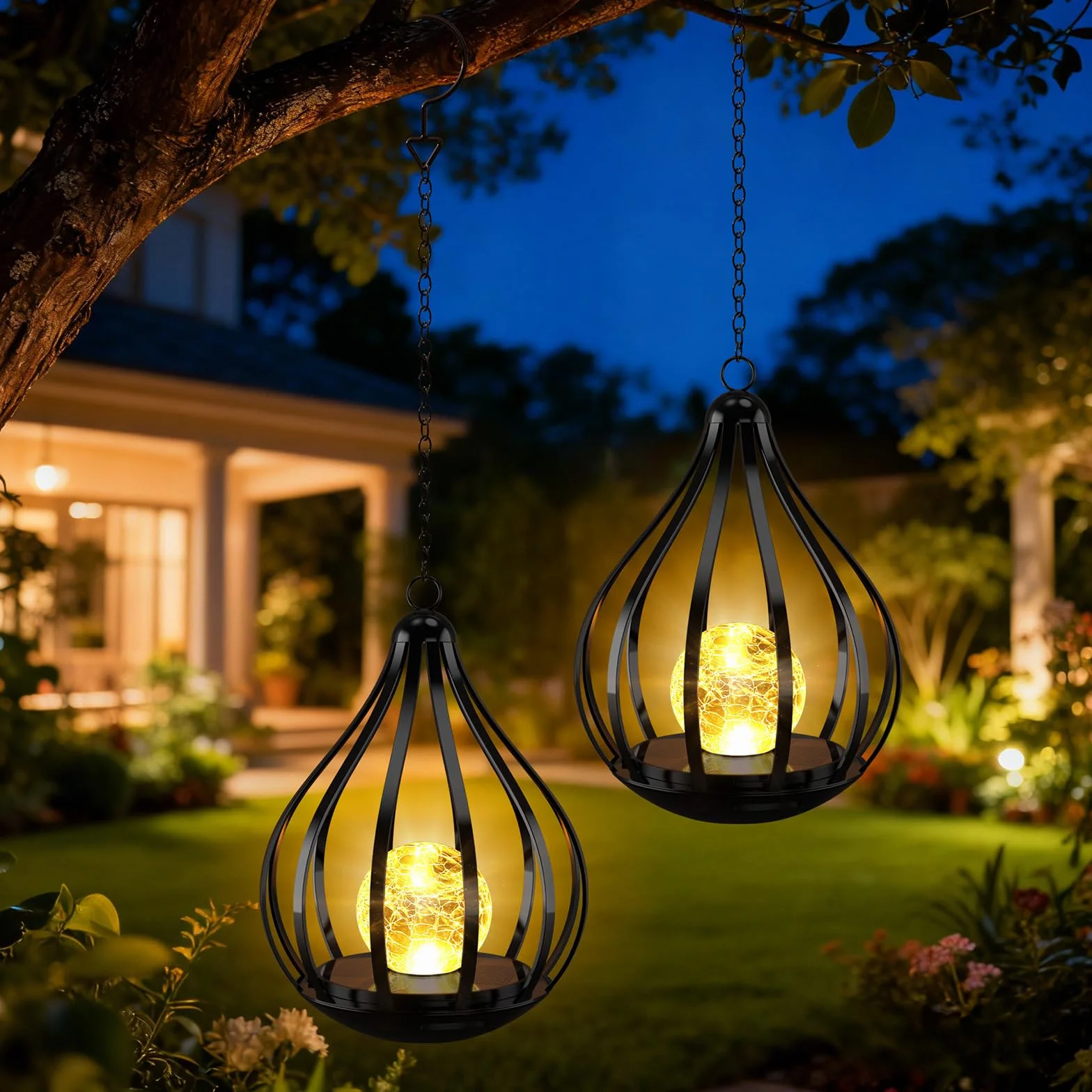Lanterne Solaire Extérieure IP65 Étanche Sphère Craquelée 2 Pièces Jardin Terrasse Balcon