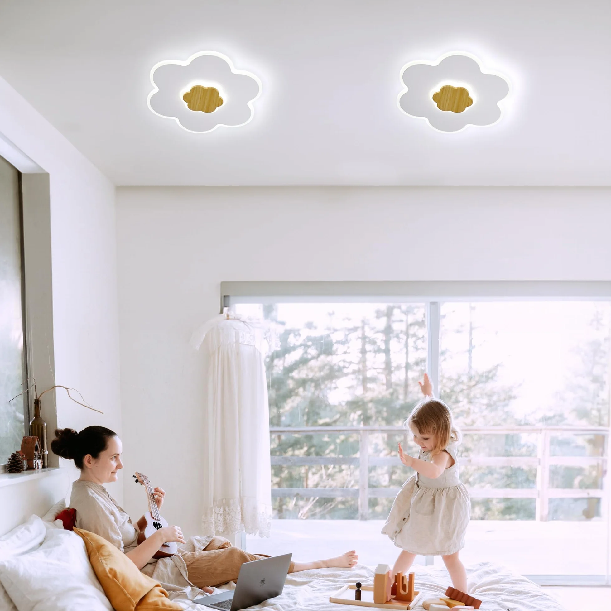 Plafonnier LED Enfant Fleur Bois Dimmable 3000K-6000K 28W 40cm Veilleuse