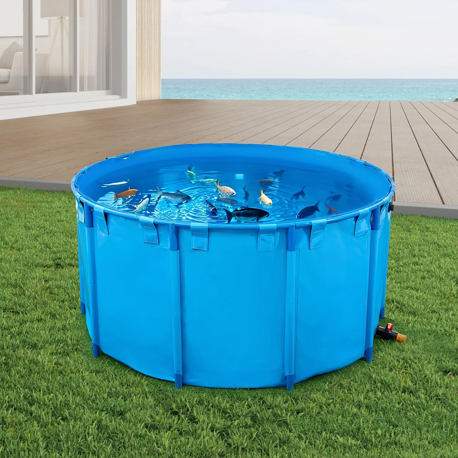 VEVOR Bassin à Poissons Hors Sol 3100 L, Étang en Toile PVC avec Cadre Plastique et Vanne de Vidange, Bleu