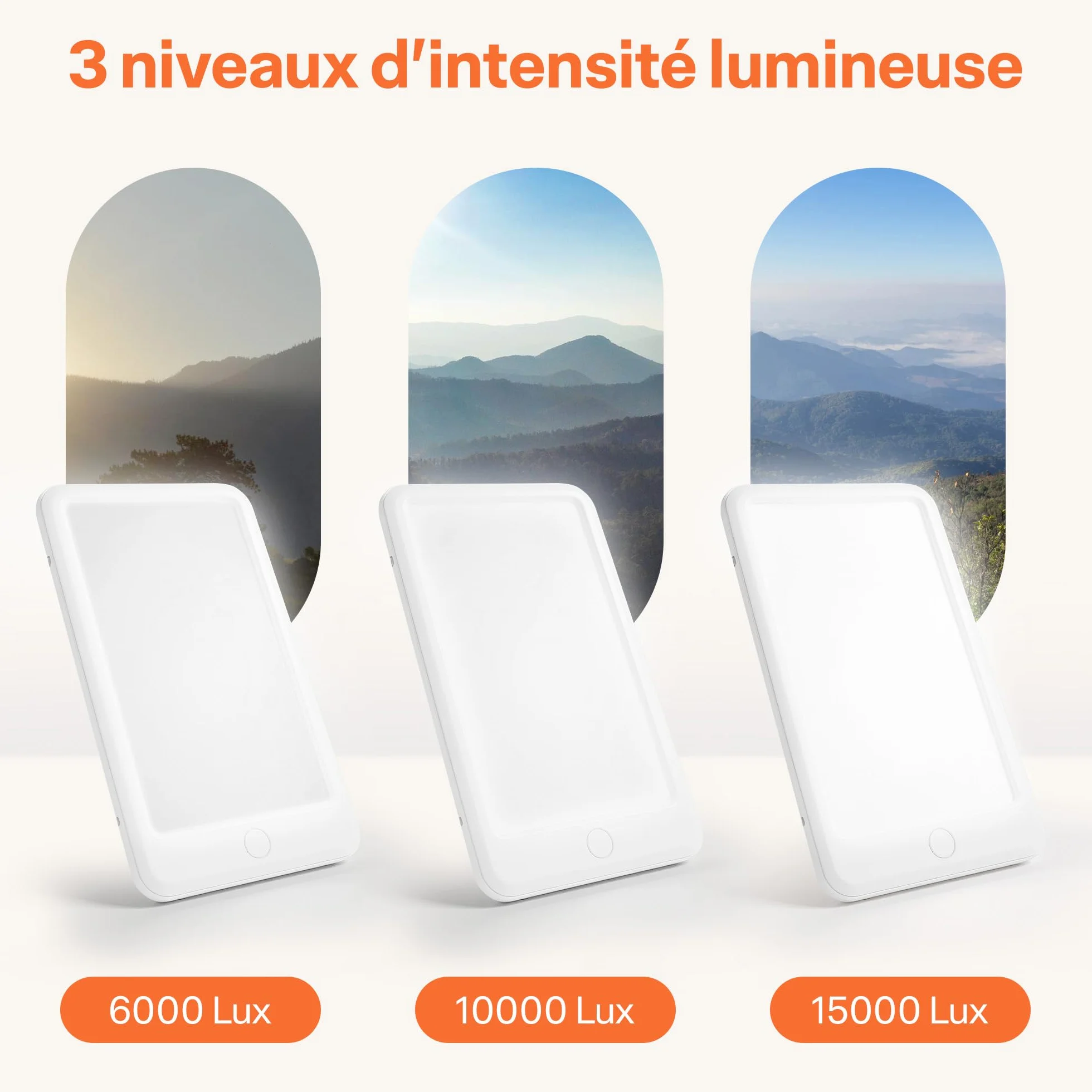 Lampe de Luminothérapie 15000 Lux Sans UV, 3 Niveaux d'Intensité, Design Compact Portable LED