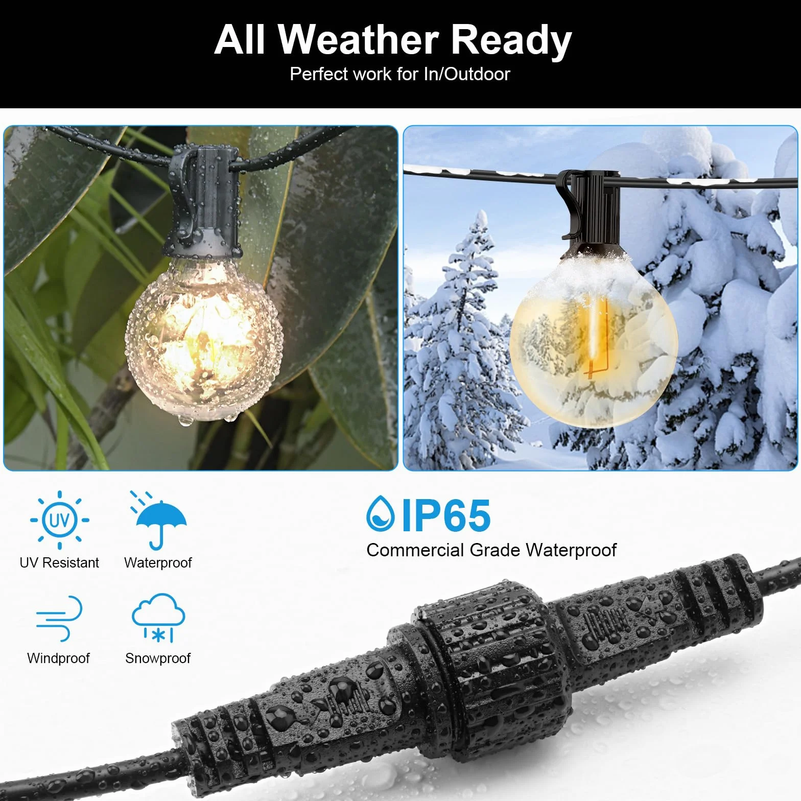 Rallonge de guirlande lumineuse 10M Câble d'extension 2 pôles IP65 étanche noir