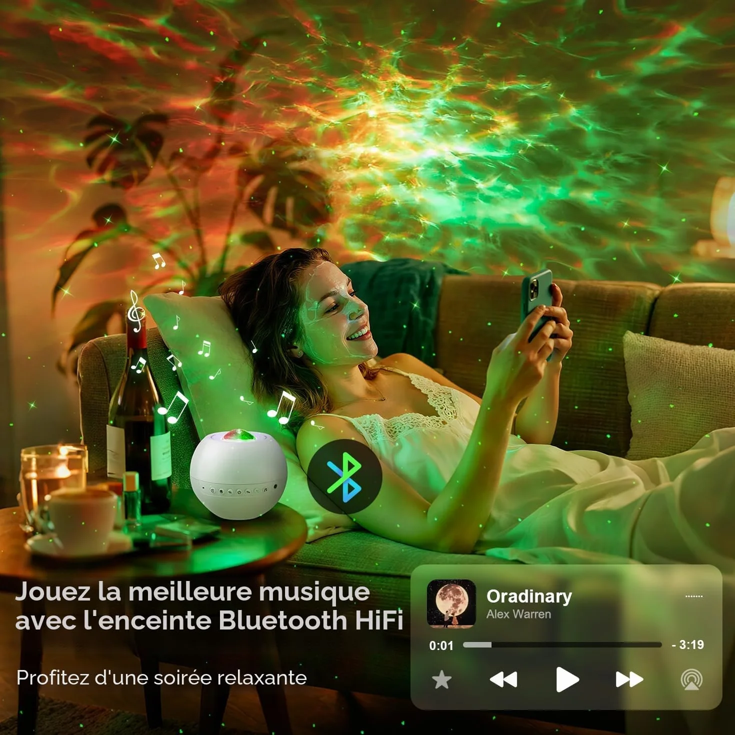Projecteur Ciel Etoile Veilleuse Enfant 15 Couleurs LED Bluetooth Bruit Blanc Lumière Décoration Chambre