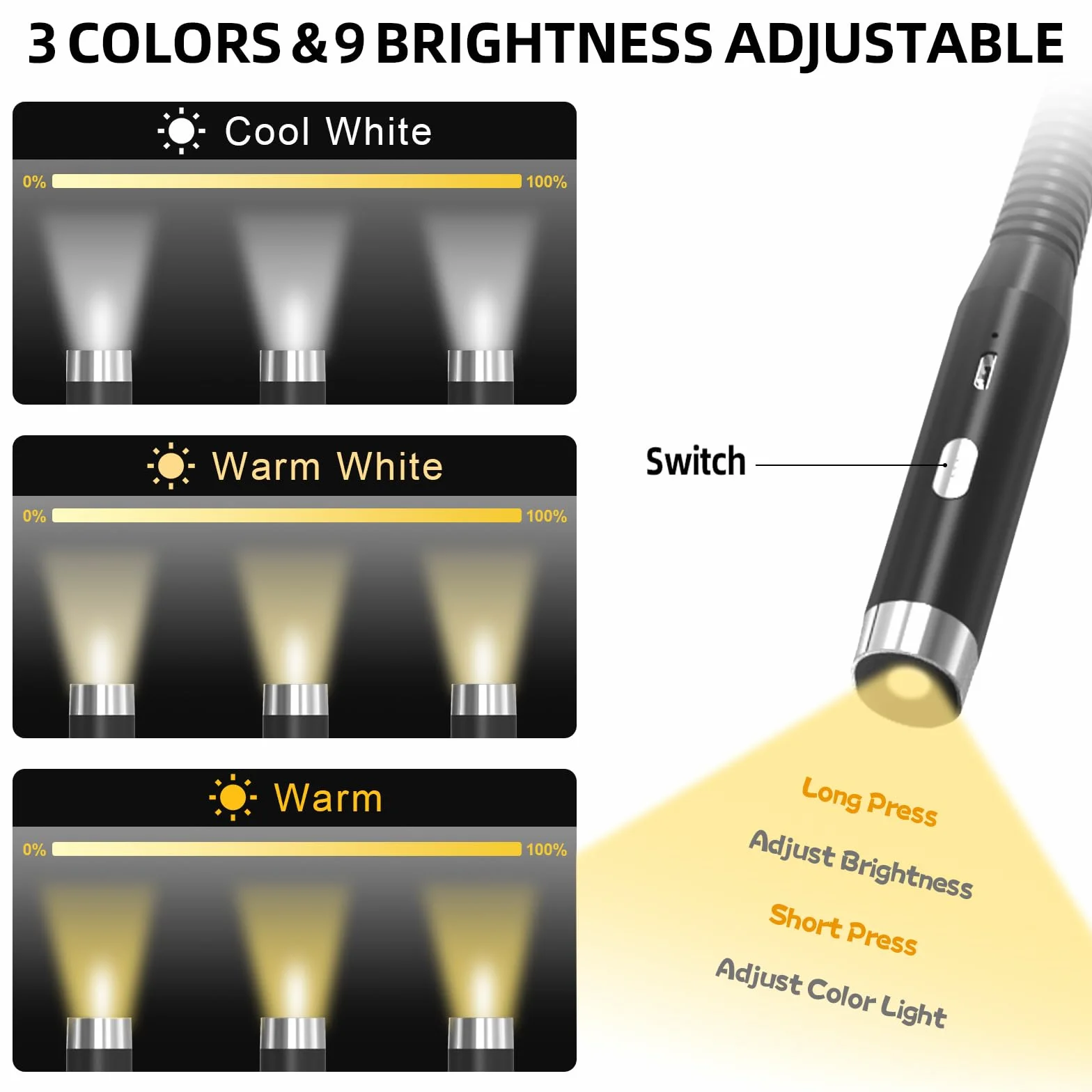 HORJOR Lampe de Lecture Rechargeable LED 3 Couleurs Luminosité Réglable Noir