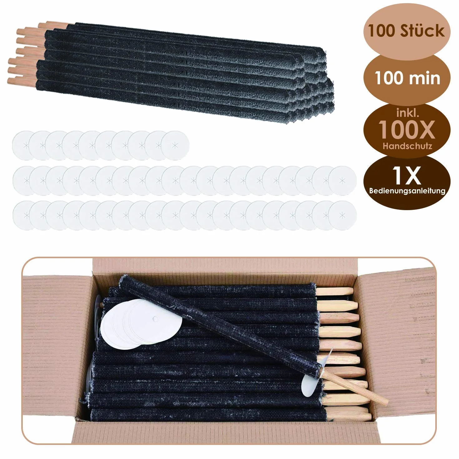 Flambeaux torches en cire lot de 100 avec protection mains poignée bois longue combustion 90-100min jardin