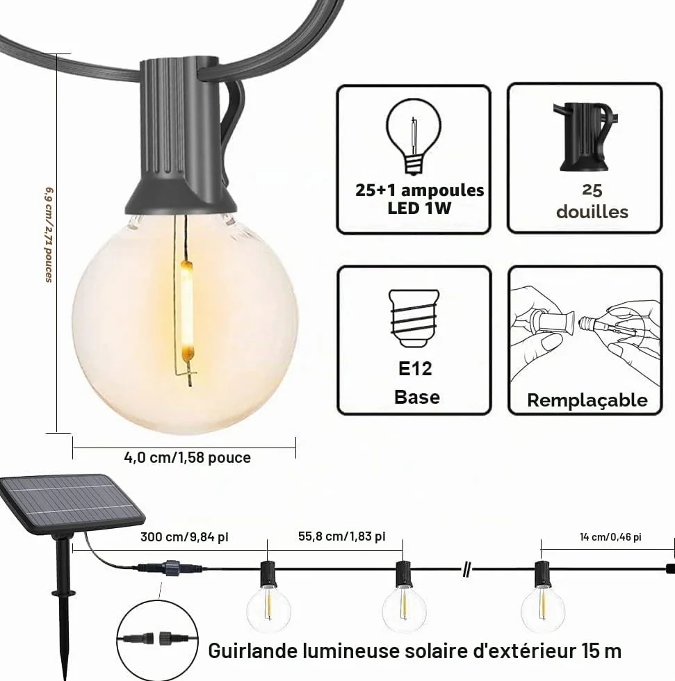 Guirlande lumineuse solaire d'extérieur 15 m IP45 2700 K Blanc chaud