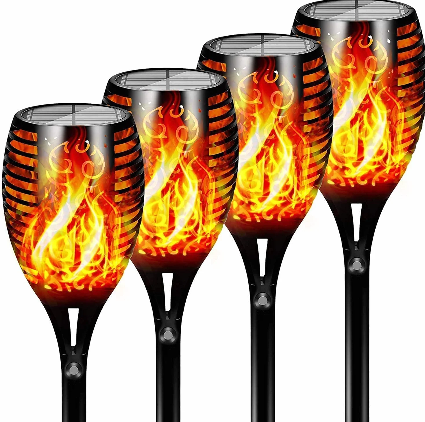 Lot de 4 lampes solaires de jardin FLOWood 96 LED flamme vacillante IP65 extérieur crépuscule à l'aube