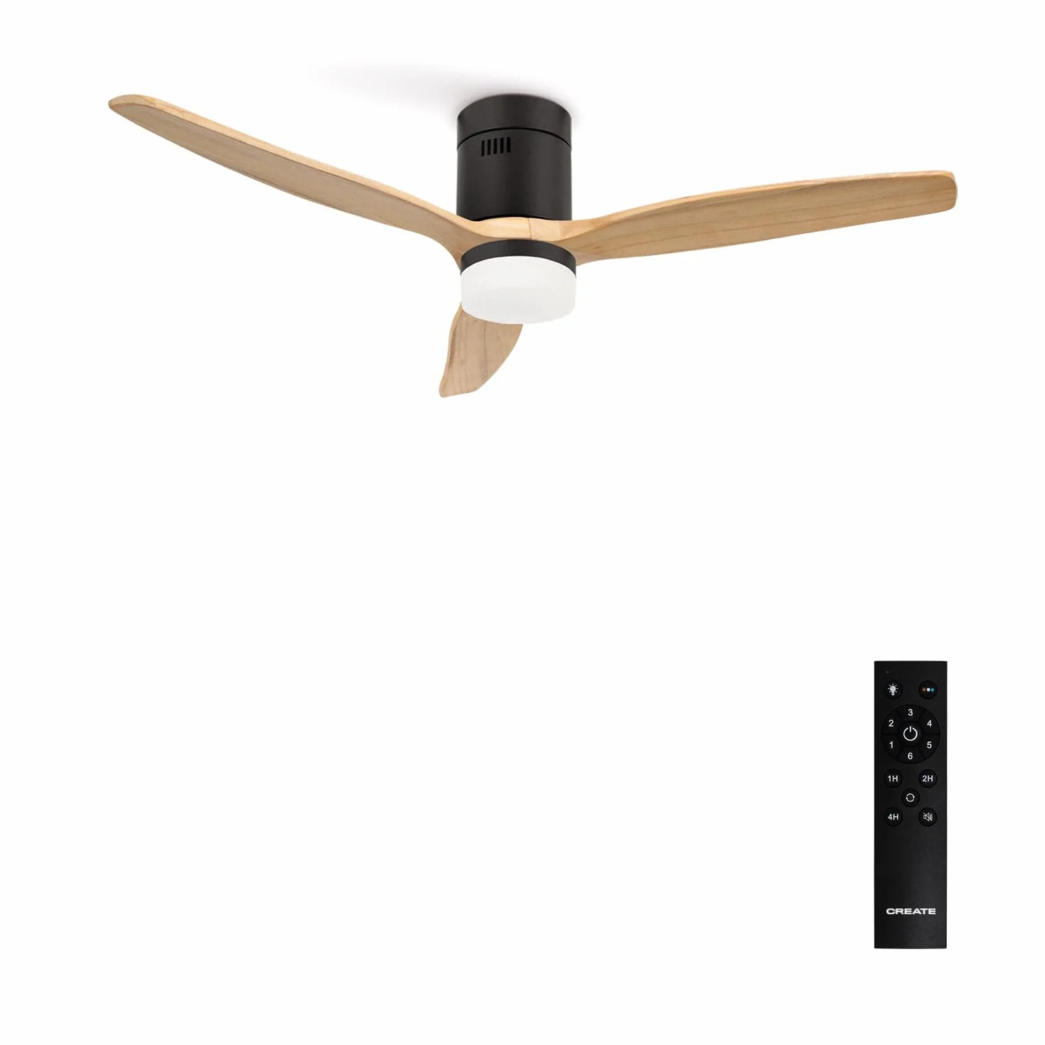 CREATE WINDCALM DC Ventilateur de plafond ABS noir pales effet bois clair 40W Silencieux Ø132 cm 6 vitesses minuterie été hiver