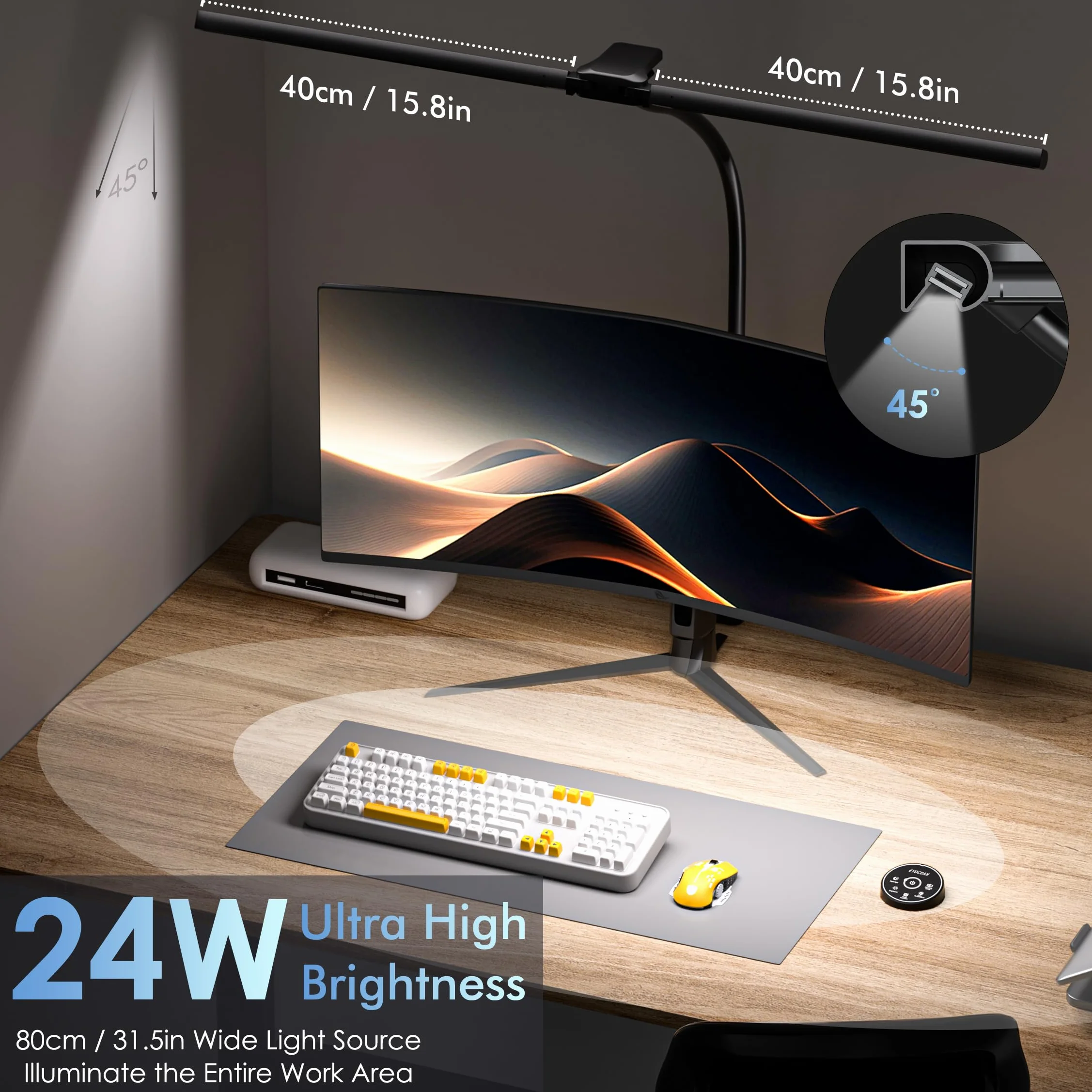 EYOCEAN Lampe de bureau 24 W 80 cm double tête pince télécommande intensité variable col de cygne protection des yeux Noir