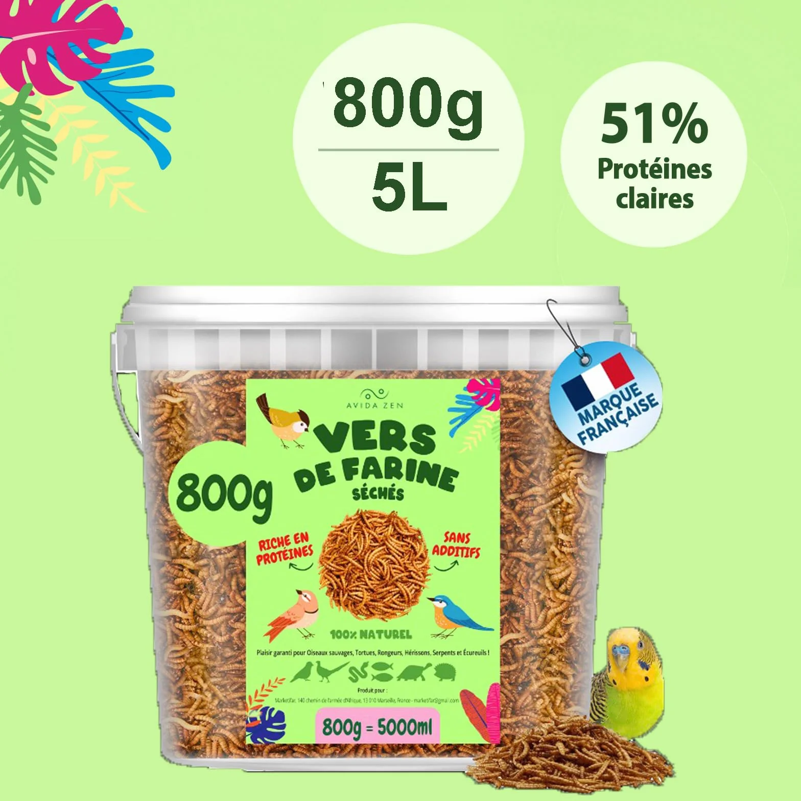 AVIDA ZEN Vers de Farine Séchés 800g - Friandises Naturelles pour Poissons, Oiseaux, Tortues, Rongeurs et Reptiles