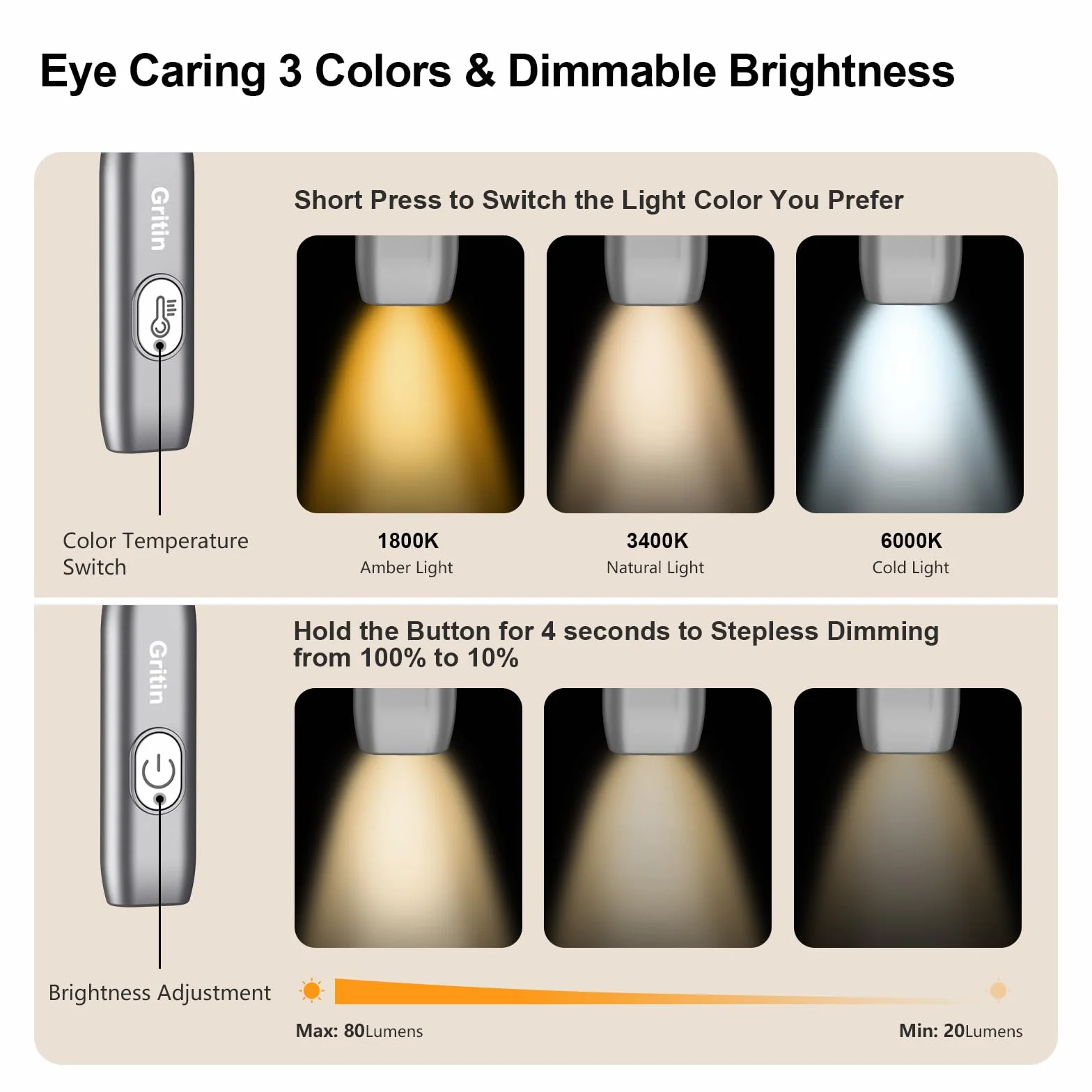Gritin Lampe de Lecture de Cou Rechargeable, Liseuse pour Lire au Lit, Gradation Continue & 3 Couleurs, Protection des Yeux, 80H Autonomie, Cou Ergonomique Gris