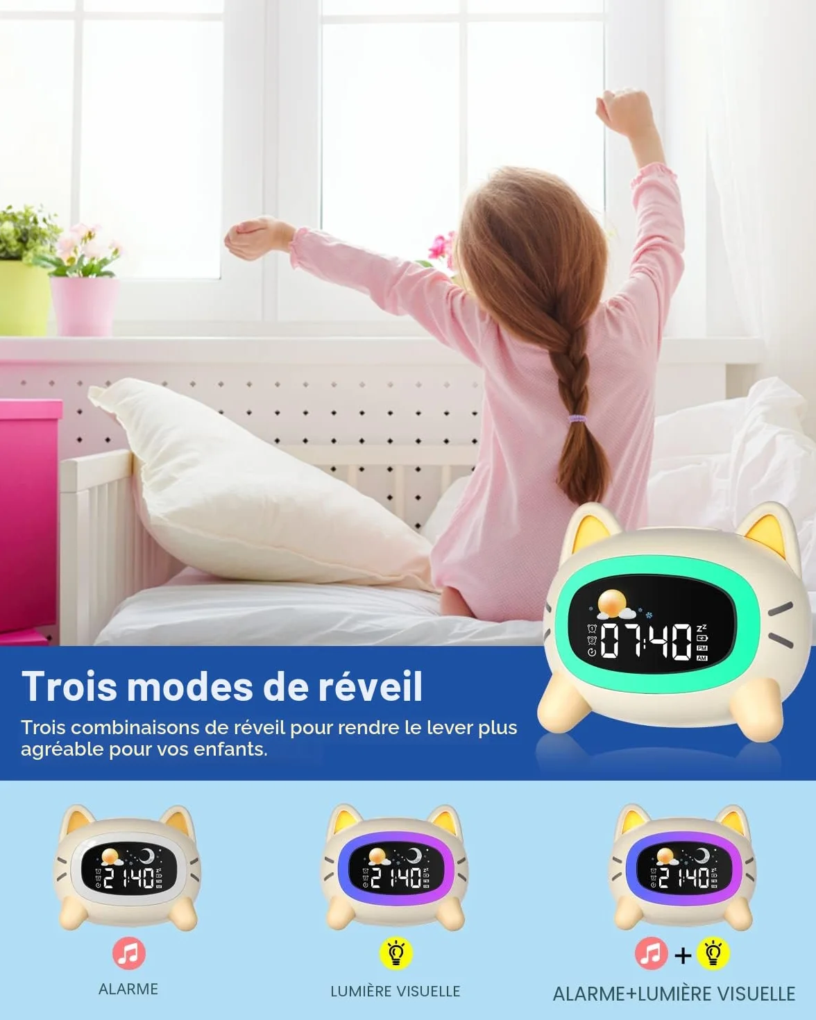 Réveils Lumineux pour Enfants avec 5 Veilleuses, 4 Niveaux de Lumière Réglables et 7 Musiques de Sommeil, Réveil Rechargeable avec Snooze