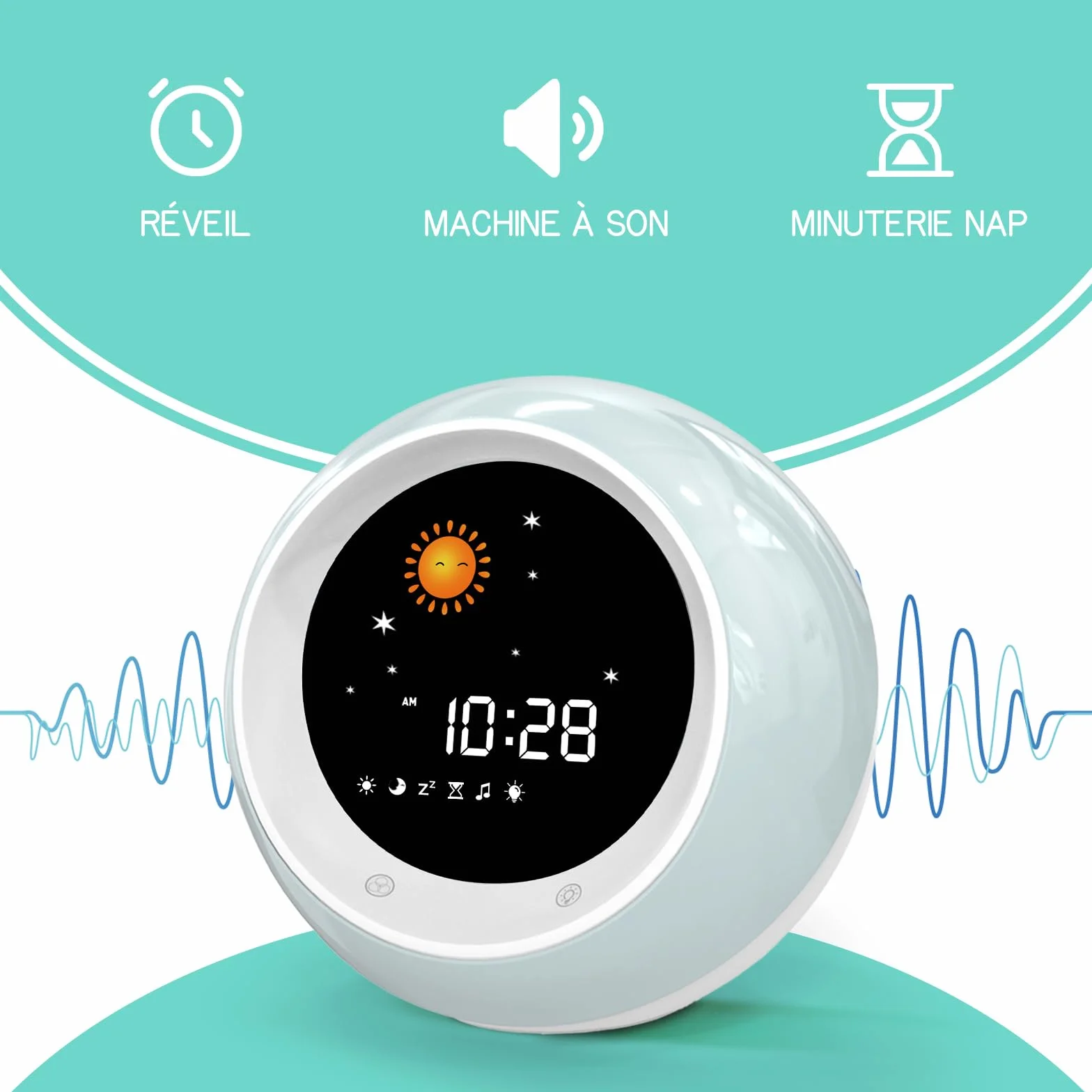 Reveil Enfant Lune et Soleil Entraîneur de Sommeil avec Veilleuse Machine Sonore Minuterie de Sommeil 2025