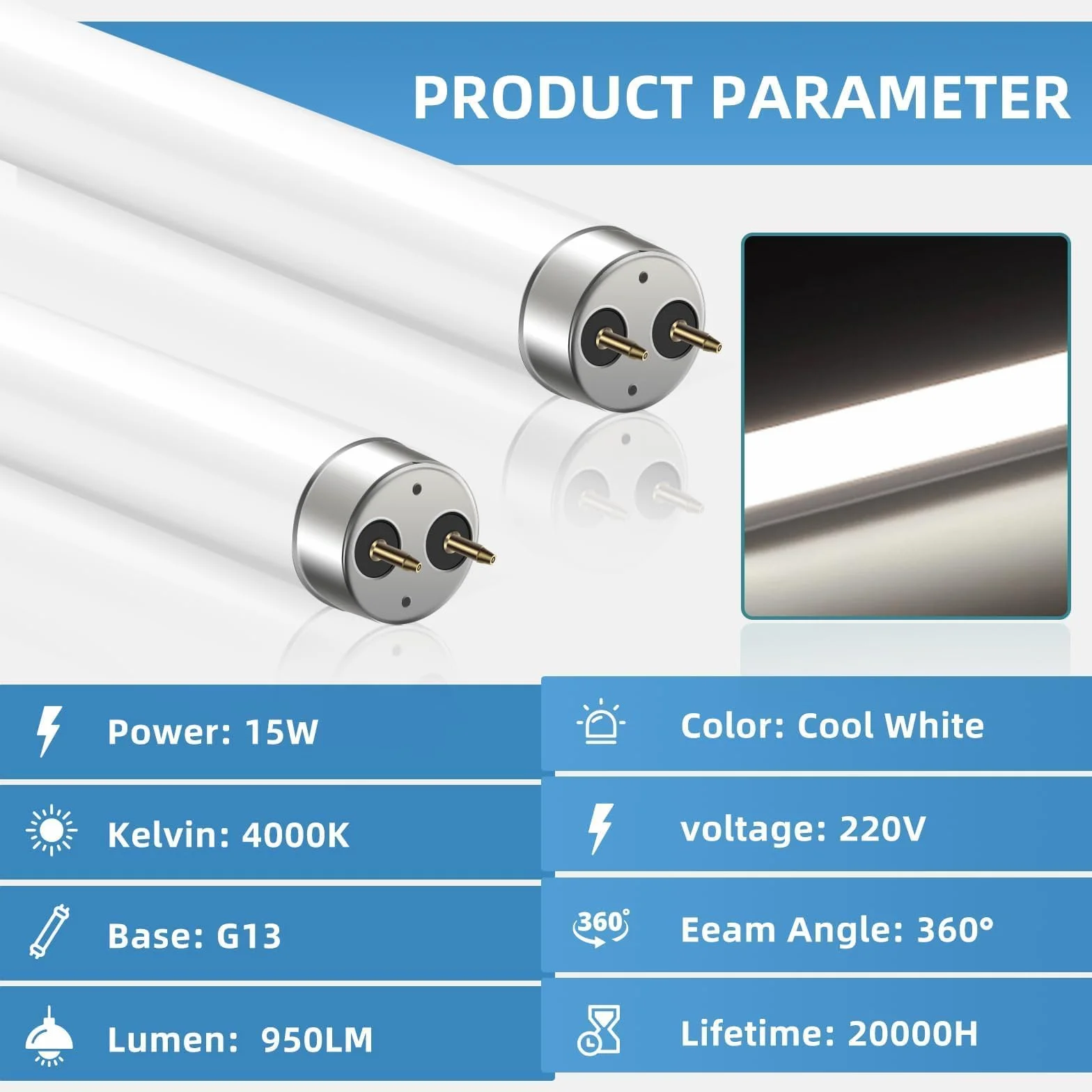 2 Pack Tubes Fluorescents 15W 450mm T8 Blanc Froid 4000K Base G13