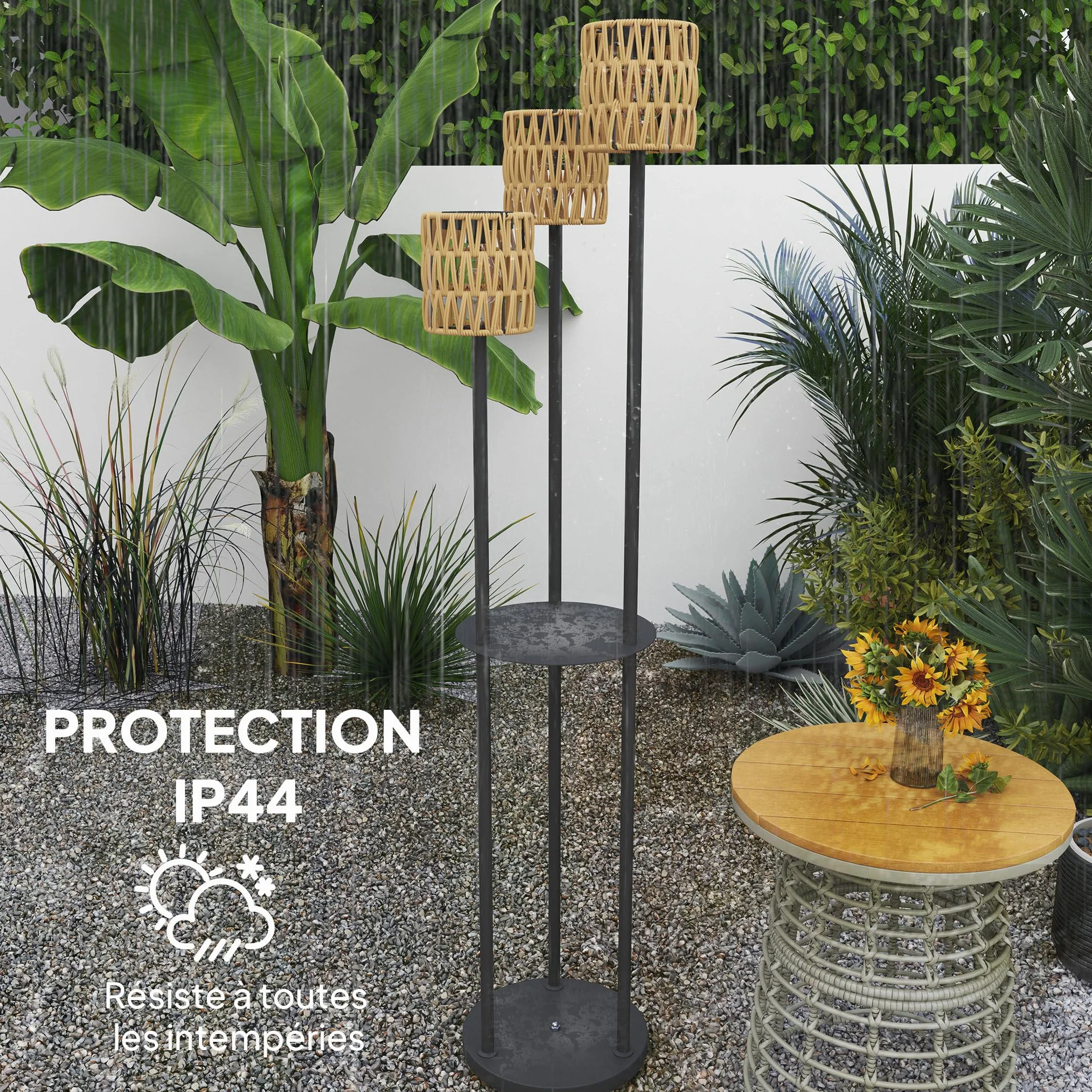 Outsunny Lampadaire solaire extérieur résine tressée 3 lumières bohème capteur étagère IP44 jardin patio terrasse Ø37 x 144 cm jaune