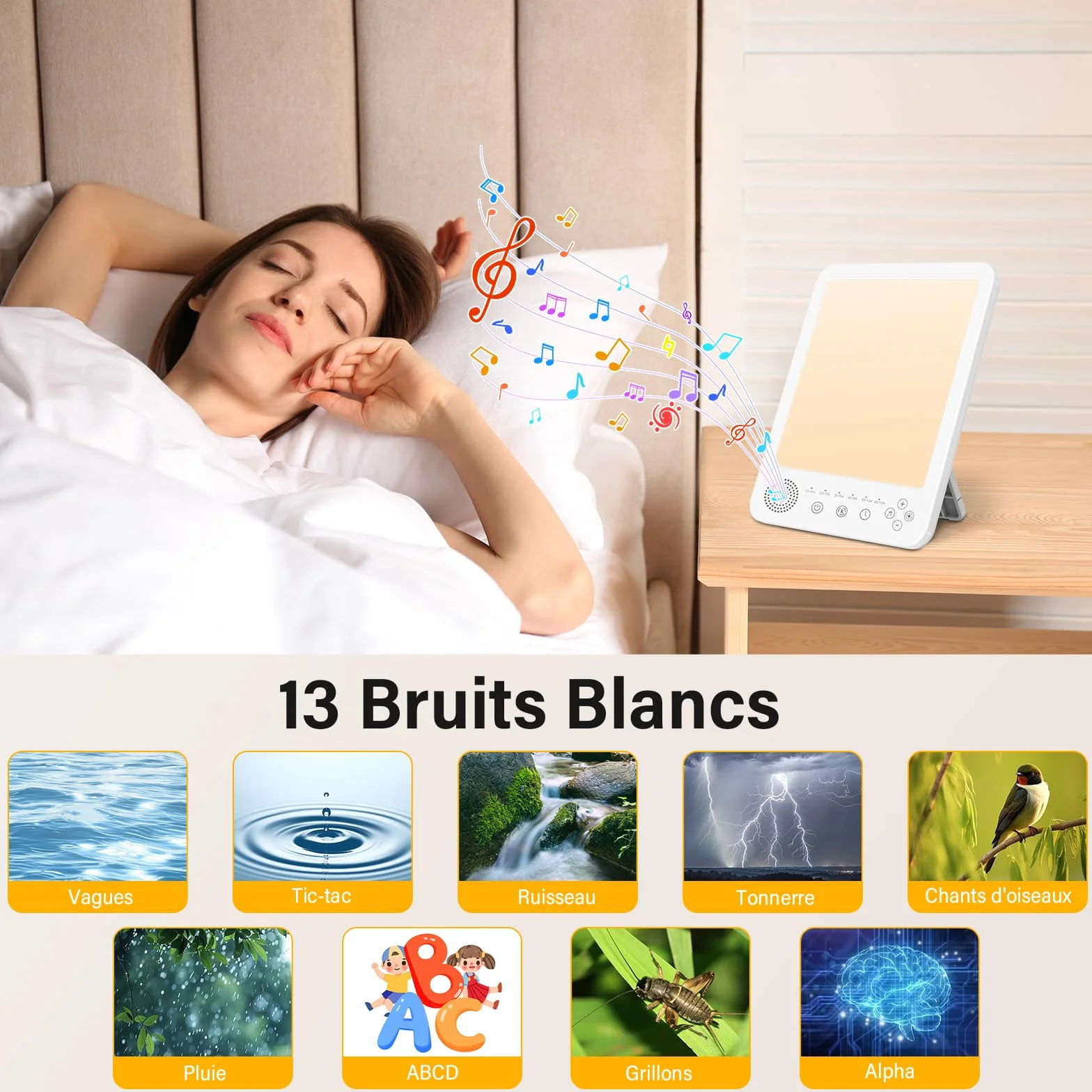 Lampe de luminothérapie 10000 Lux Sans UV Simulation de Lumière du jour avec Bruit Blanc, 3 Températures de Couleur, 5 Niveaux de Luminosité, 6 Minuterie, Fonction de Mémoire, Mode de Réveil