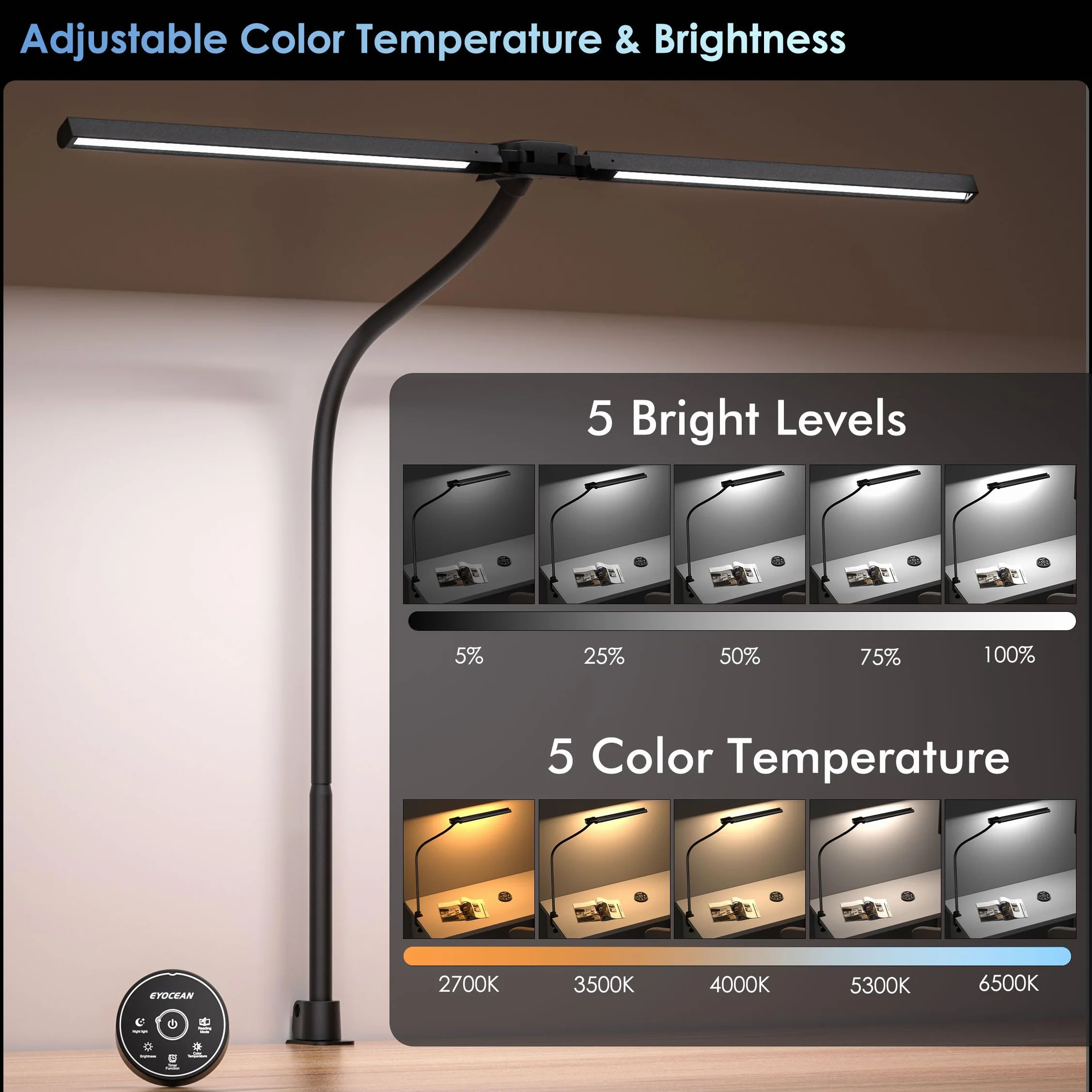 EYOCEAN Lampe de bureau 24 W 80 cm double tête pince télécommande intensité variable col de cygne protection des yeux Noir