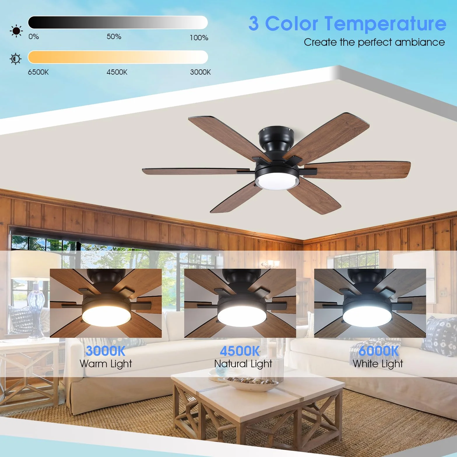 Ventilateur de plafond 132 cm avec lumière, télécommande et APP, 6 pales réversibles, couleur dimmable, marron