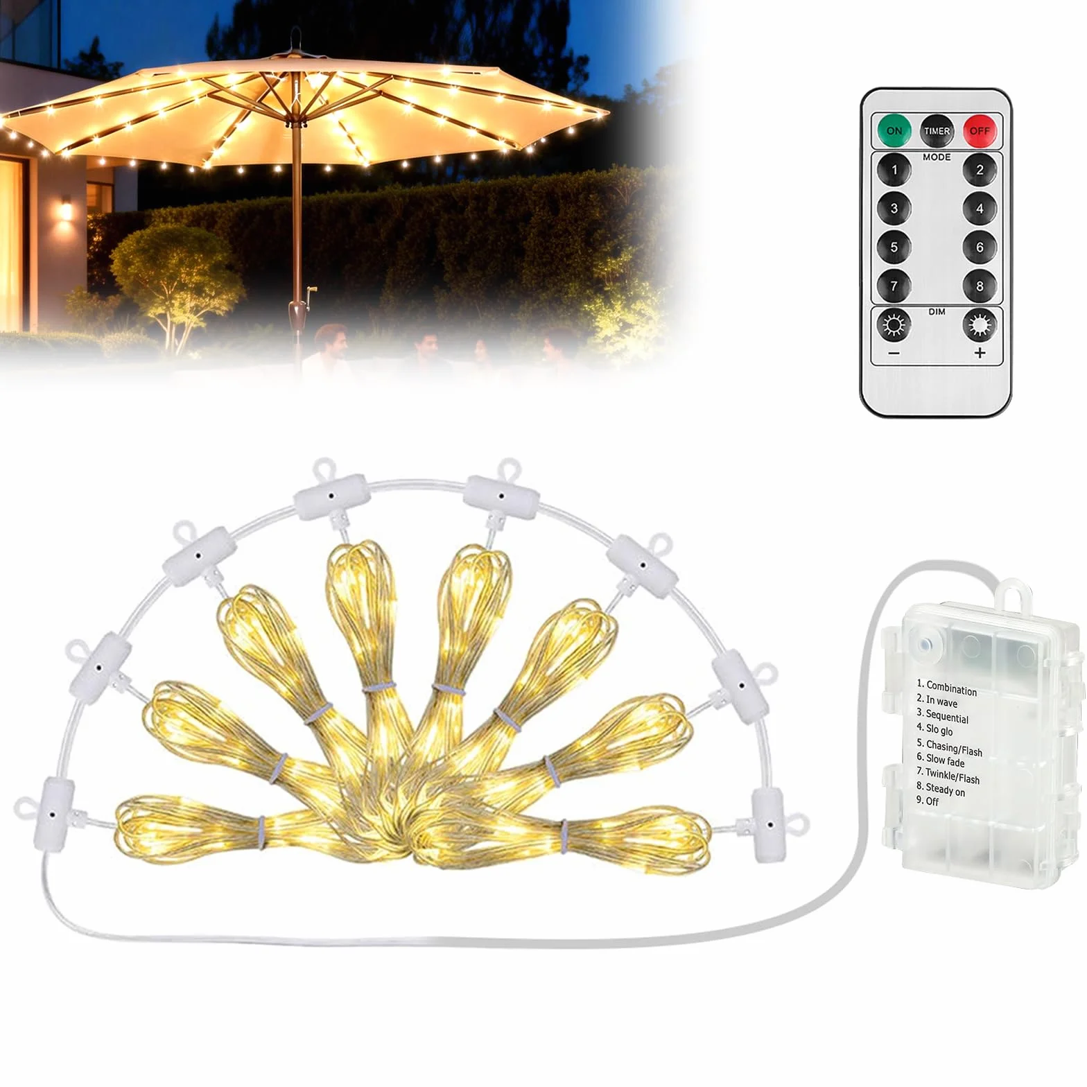 PORFOYO Guirlande lumineuse LED pour parasol 104 LED 8 modes télécommande