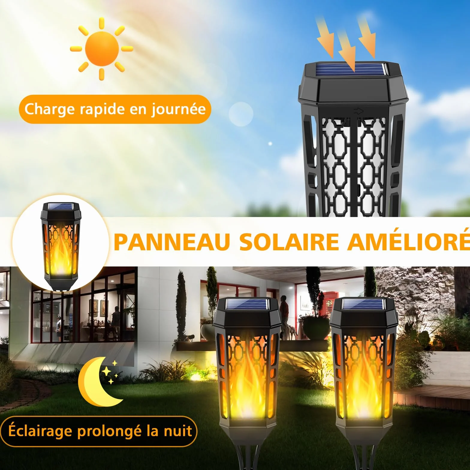 Lumière Flamme Solaire Exterieure 6 Pièces 12 LED Etanche Lampe à Flamme Solaire Torche Jardin Vacillante