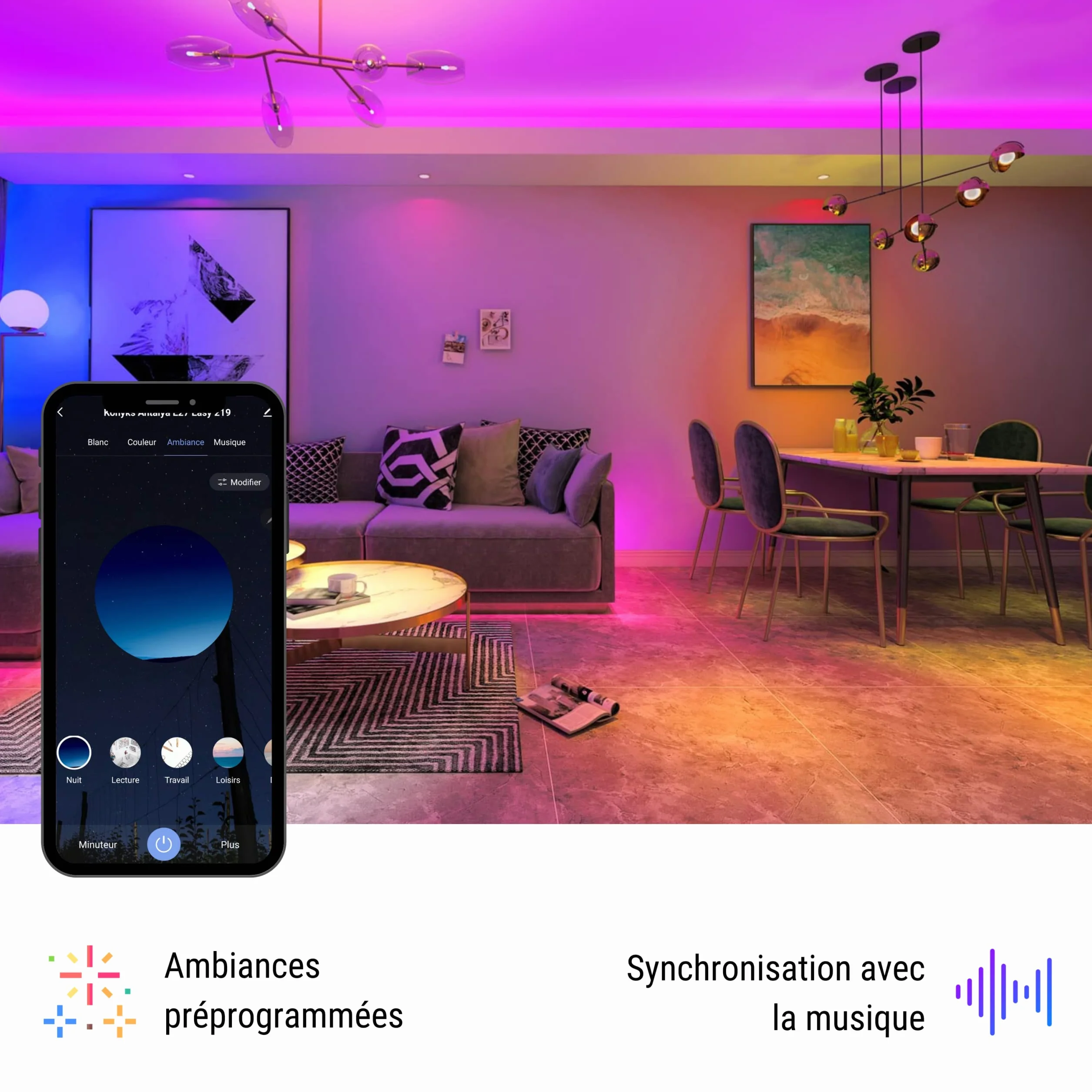 Ampoules connectées Konyks Antalya Easy E27 LED Wi-Fi + BT, 1050 Lumens, Couleurs + Blanc réglable, Compatible Alexa Google Home