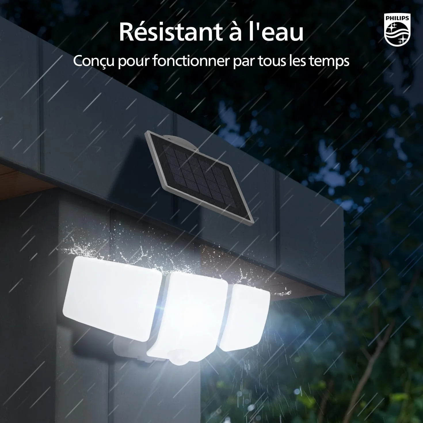 Philips Lampe de Sécurité Solaire LED 3600LM Extérieur Détecteur de Mouvement 3 Têtes Orientables