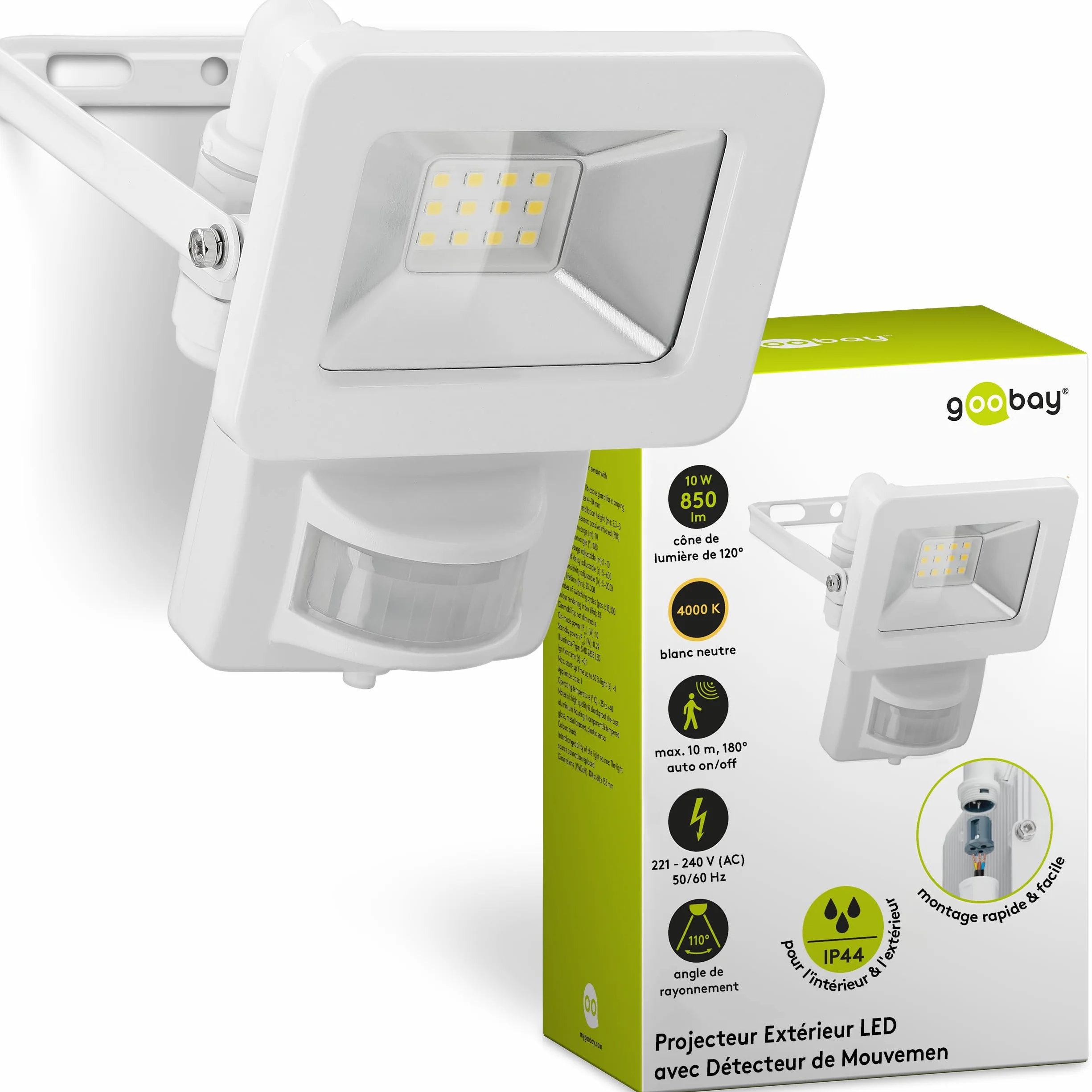goobay Projecteur LED avec détecteur de mouvement 10 W 4000 K 850 lm IP65 Blanc