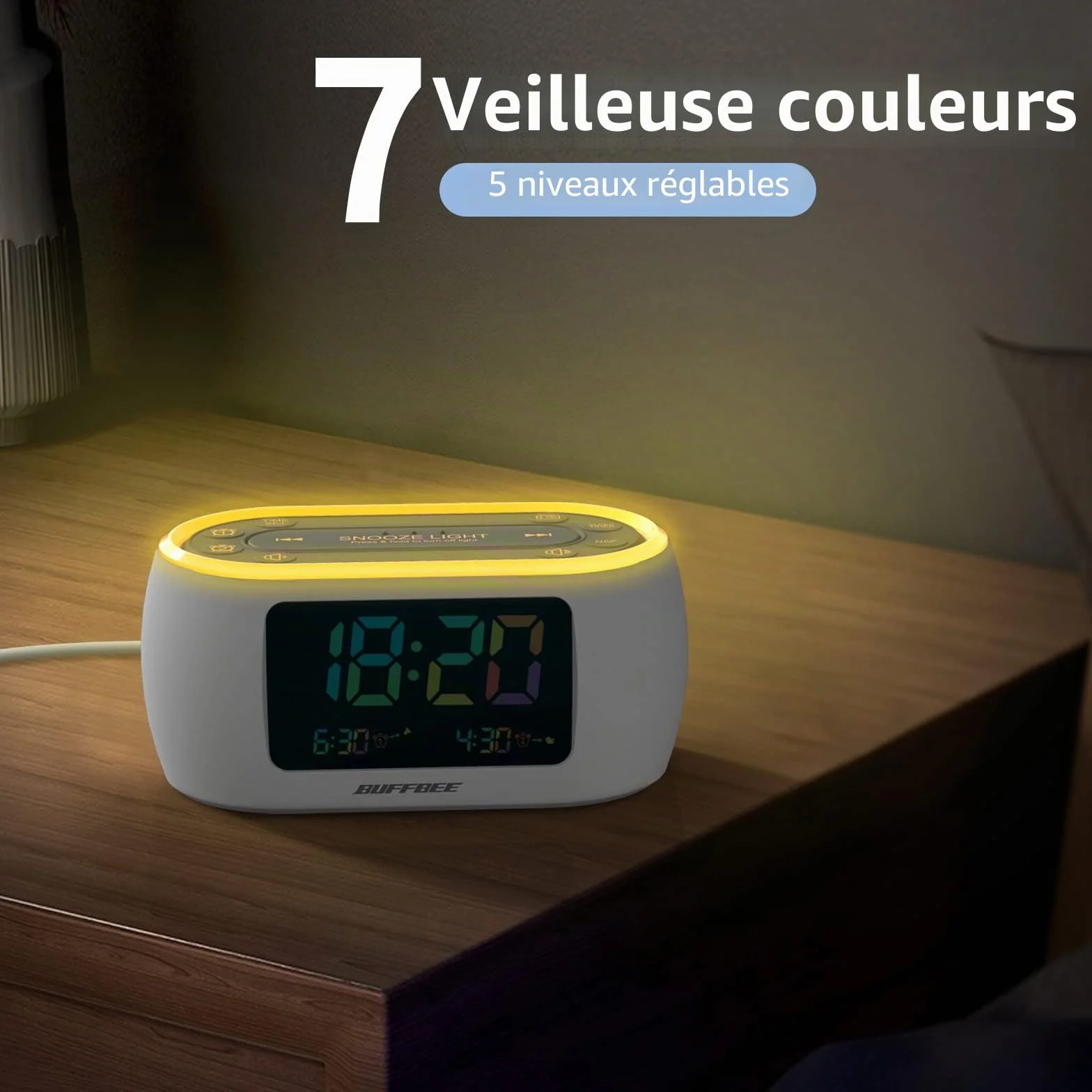 BUFFBEE Radio-réveil FM avec double alarme, veilleuse 7 couleurs, chargeur USB et variateur