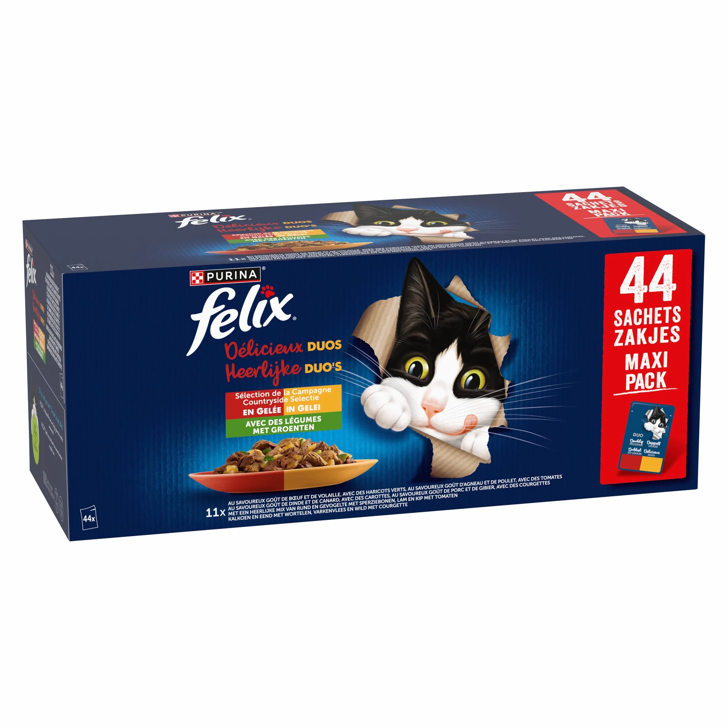 FELIX Délicieux Duos En Gelée Chat Adulte Sélection de la Campagne aux Légumes Sachets Fraîcheurs 44x85g